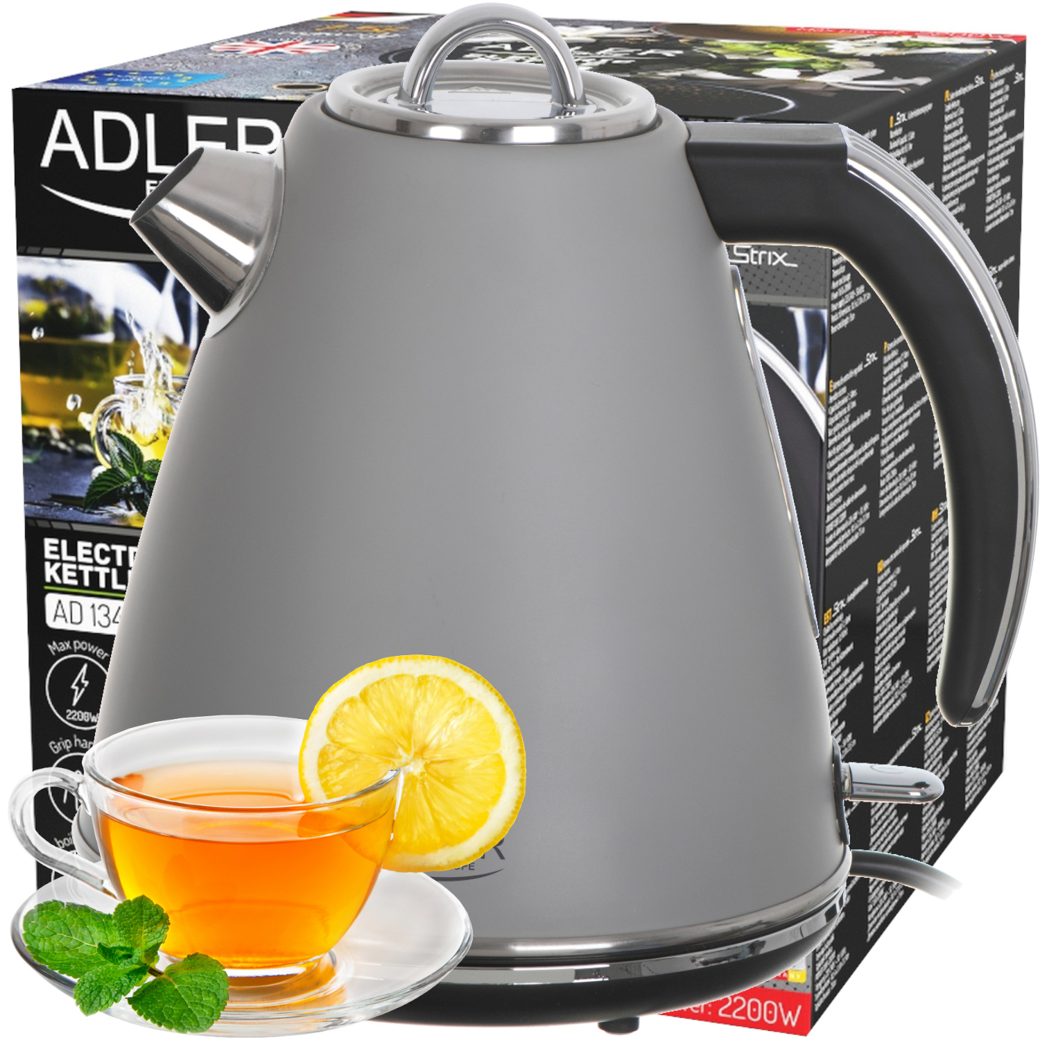 Adler Grau Ad 1343G Electric, 2200 W, 1.5 L, Stainless Steel, 360 ° Rotational Base, Gray, Wasserkocher, - Bild 2