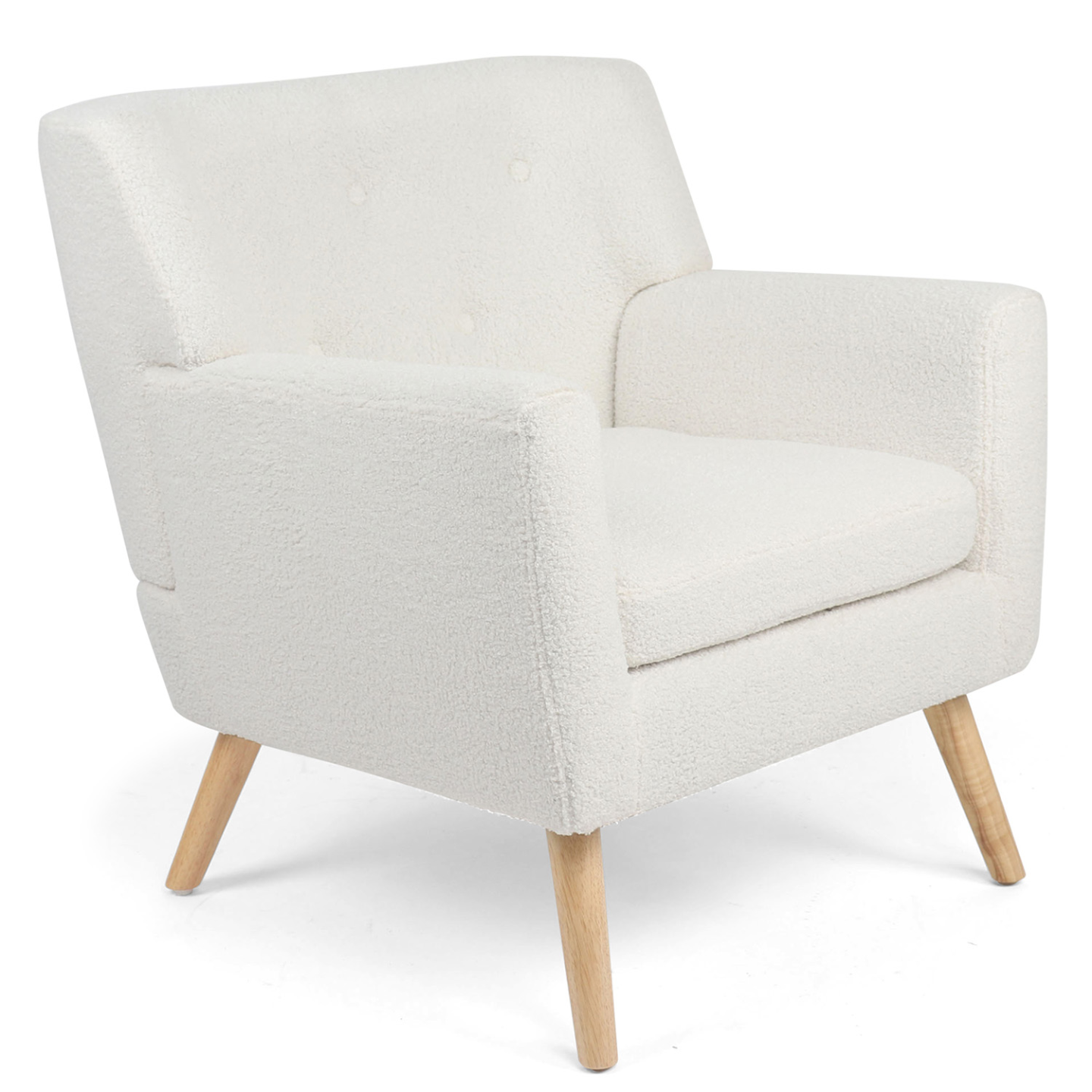 Idmarket – Fauteuil Relax Scandinave En Tissu Bouclette Blanc – Accoudoirs En Bois Naturel – Dimensions 74x75x79cm – Coussin D'Assise Amovible
