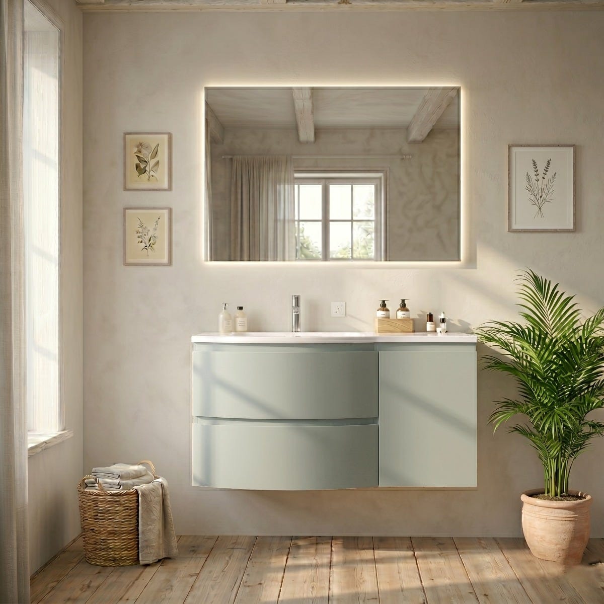 Meuble De Salle De Bain Suspendu 105 Cm Vert Sauge Avec Lavabo Gauche