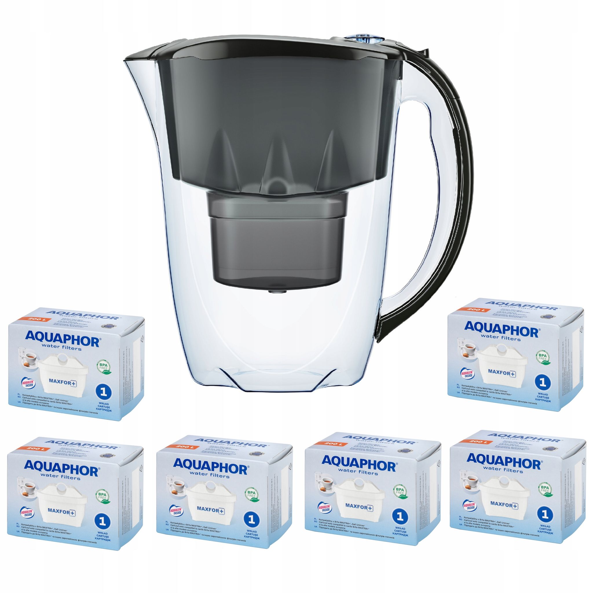 Caraffa Filtrante Aquaphor Amethyst Da 2,8 Litri + 6 Cartucce, Nera
