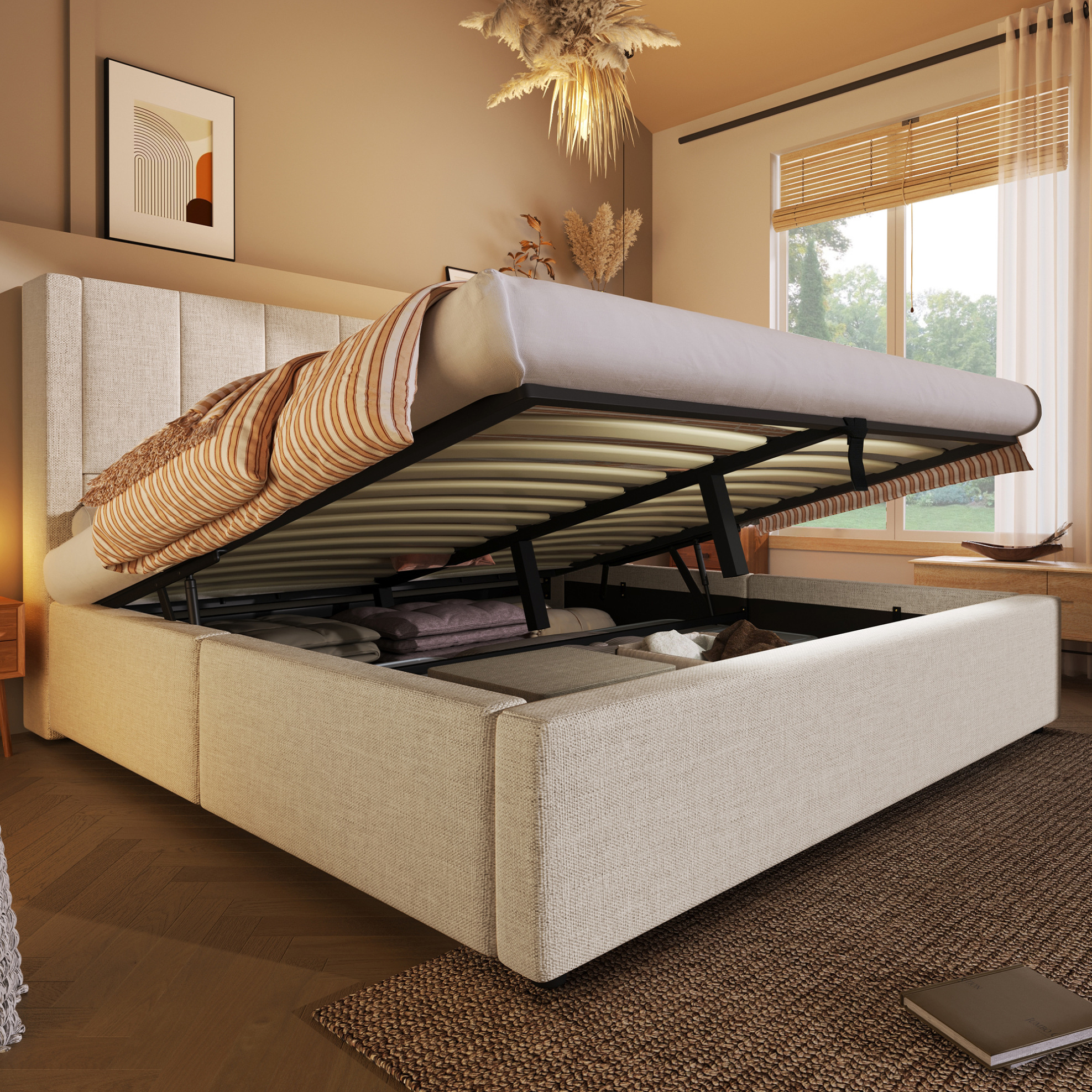 Mivray Bett 180x200 Cm Modern Gepolstert In Beige Mit Kopfteil, Hydraulischem Stauraum Und Verstecktem Becherhalter Mit Usb