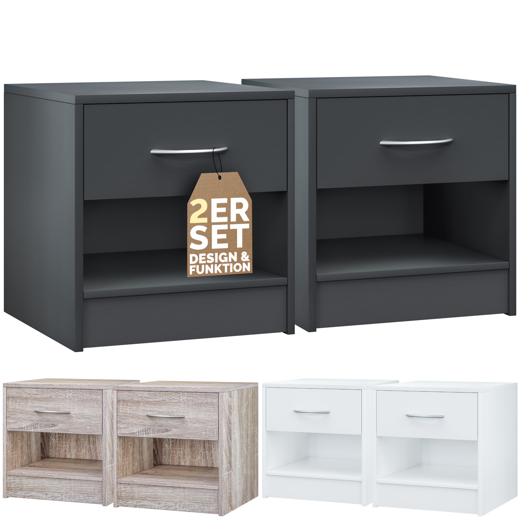 Nachttisch Mit Schublade Bett 41cm Komforthöhe Ablage Schlafzimmer Nachtschrank Nachtkästchen Nachtkommode Holz 41x39x28cm 2er Set Anthrazit - Casaria