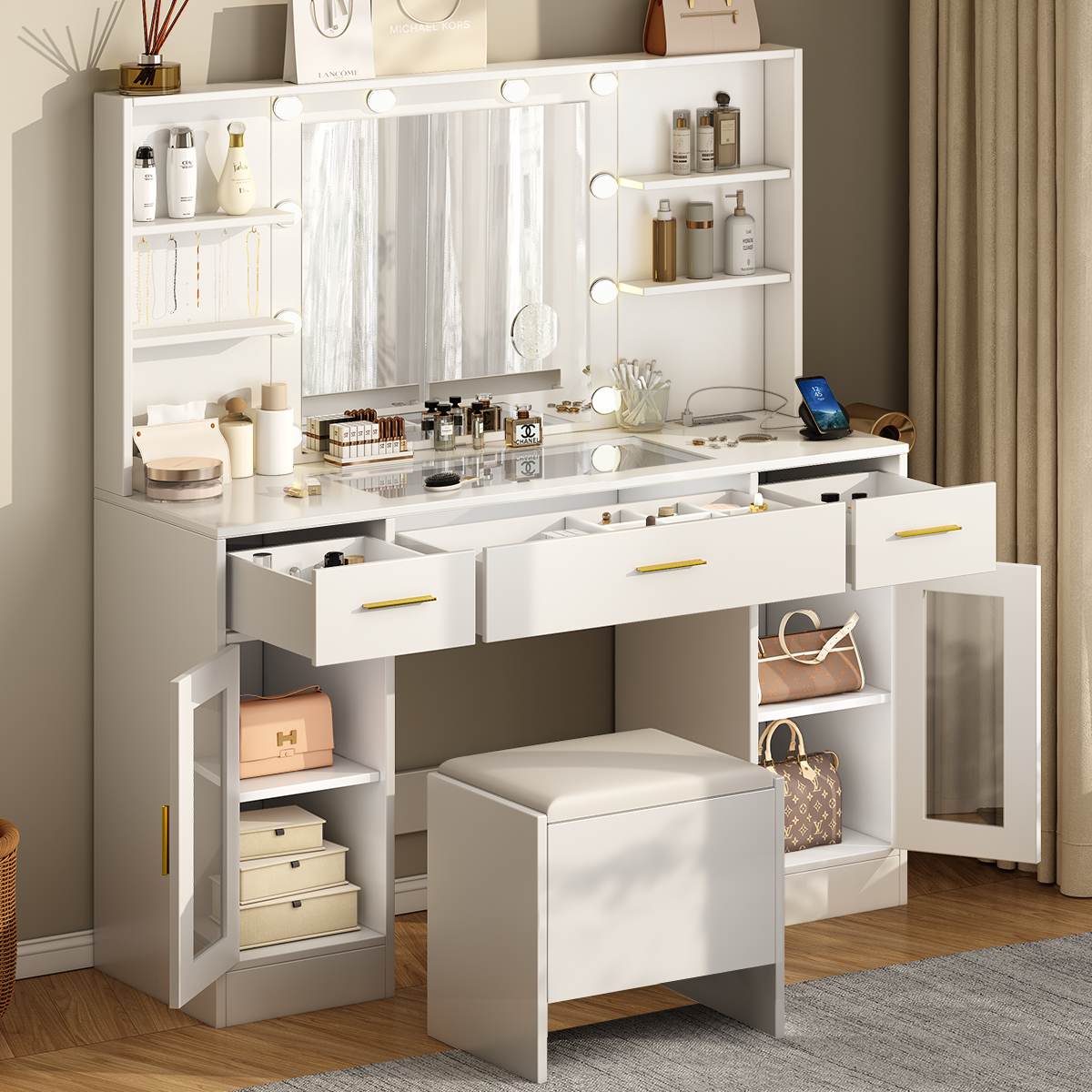 Coiffeuse Avec Miroir Led Et Tabouret, Luminosité Réglable, 3 Couleurs, Coiffeuse Avec Prise Et Miroir, 3 Tiroir, 2 Armoire, 4 Étagères, 140h X 115l X 40p Cm, Blanc