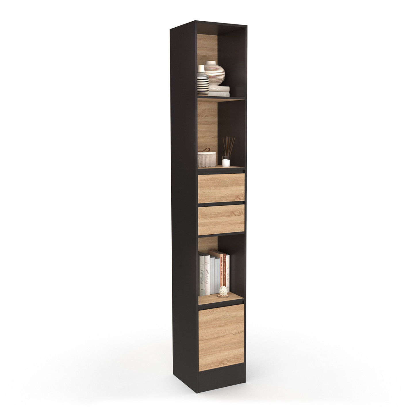 Idmarket – Bibliothèque Carla 3 Étagères 2 Tiroirs 1 Placard Noir Effet