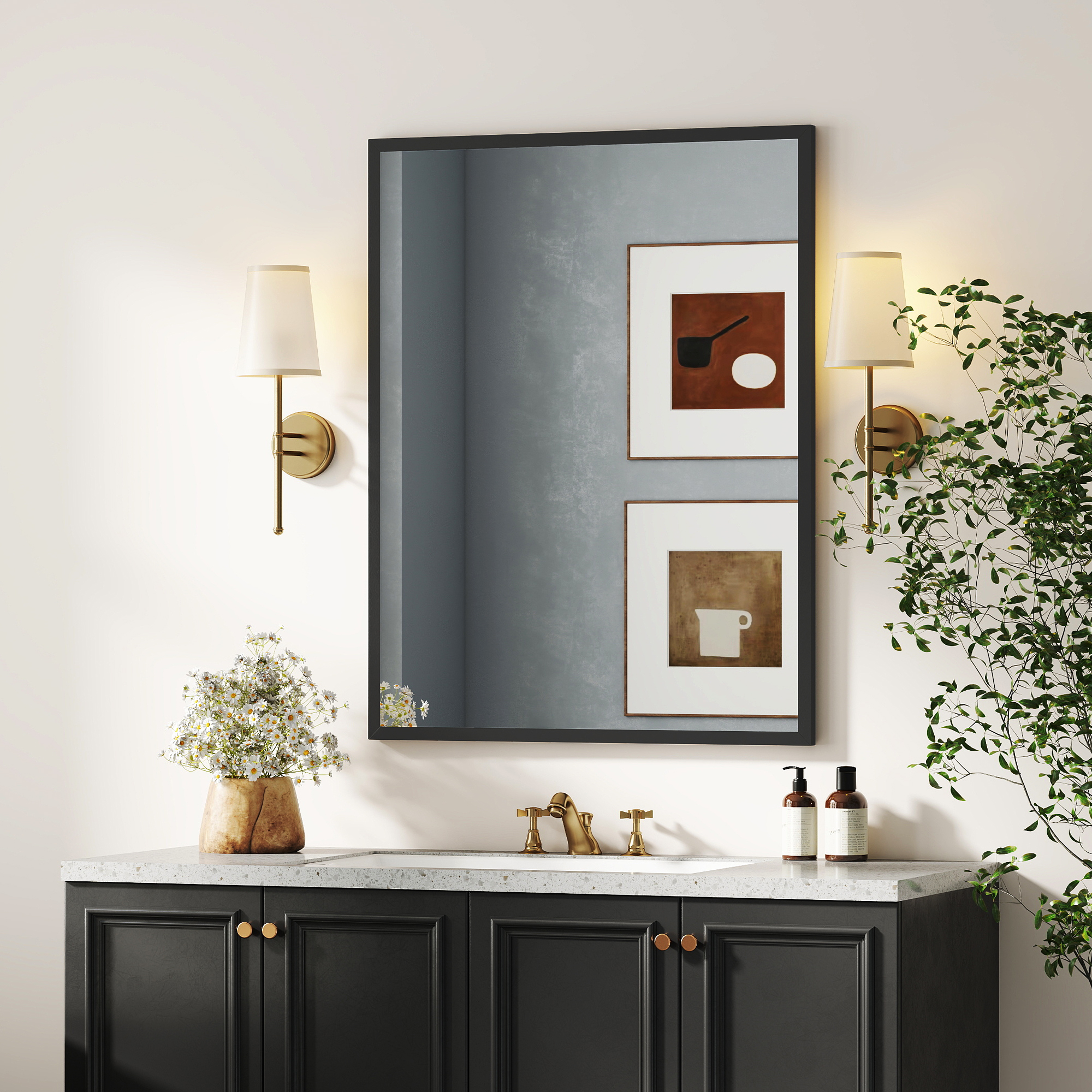 Miroir Mural Rectangulaire 90 X 70 Cm. Cadre En Bois Noir. Idéal Pour