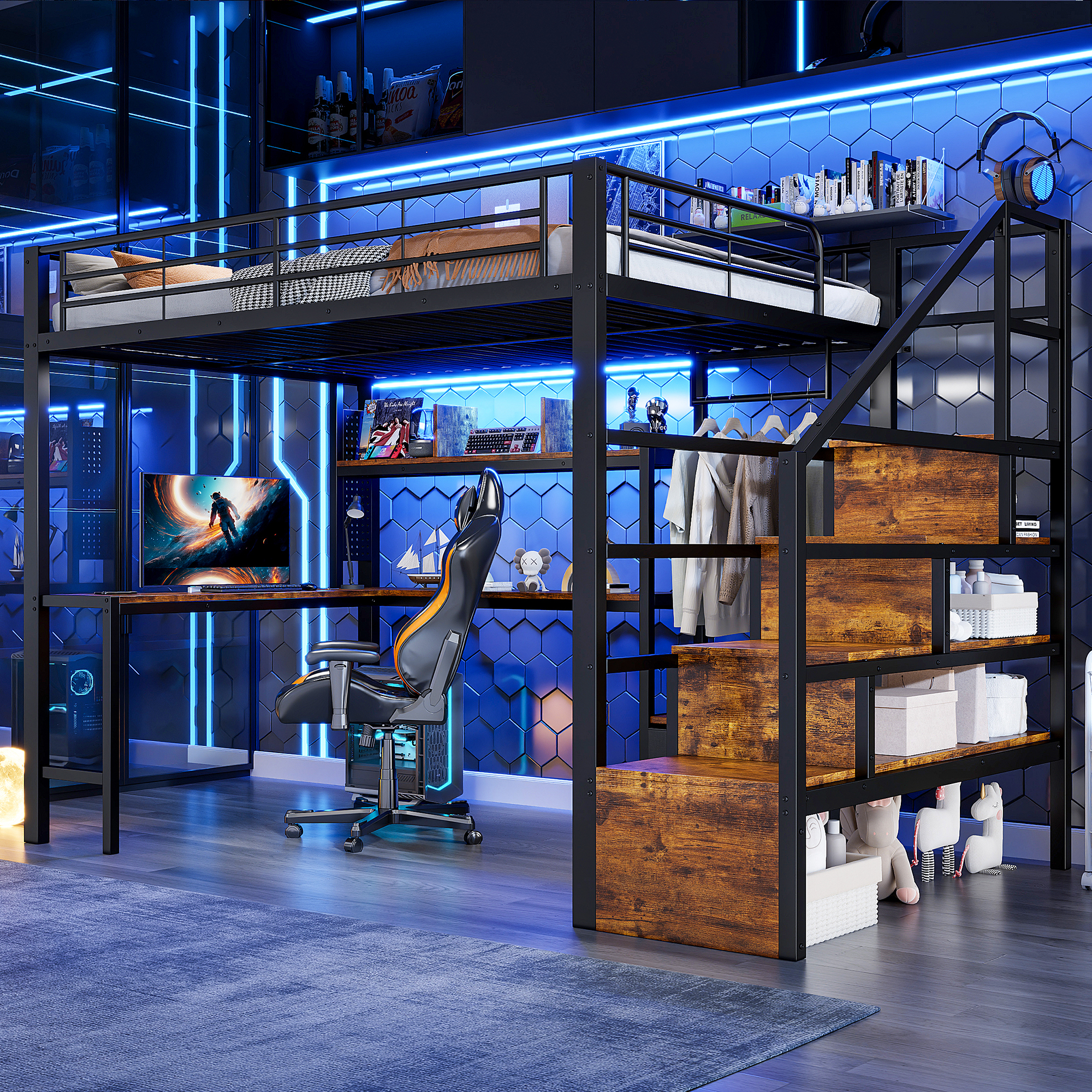 Lit Mezzanine 140x200cm Avec Bande Lumineuse Led,escalier Avec