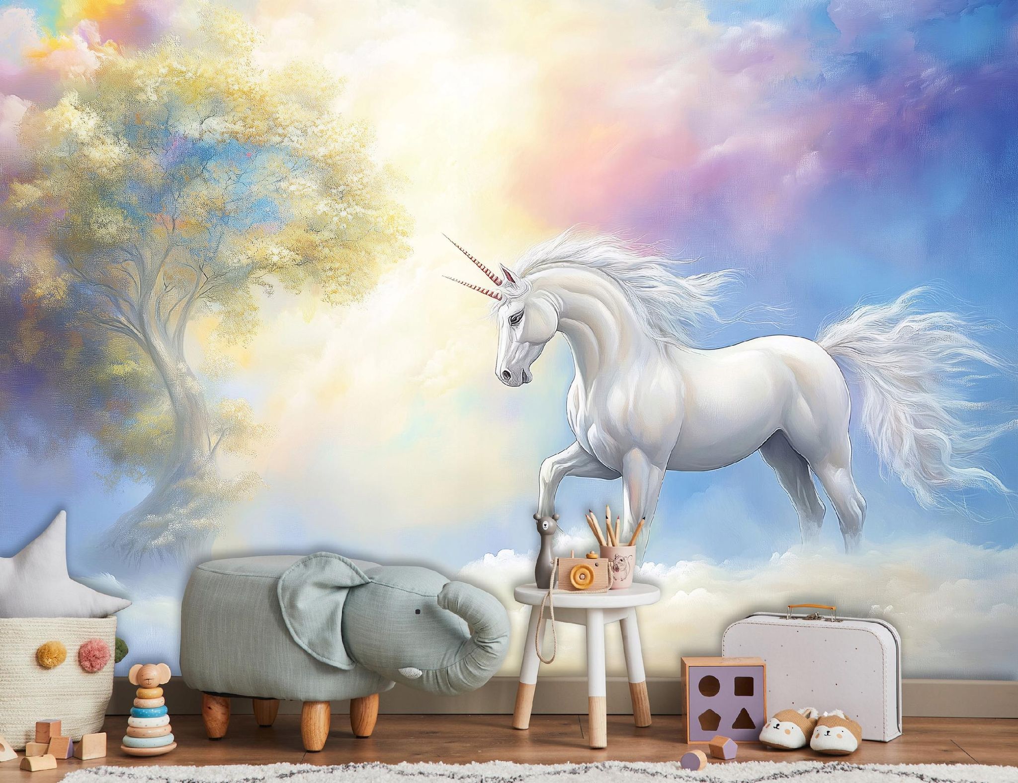 Wallarena Vlies Fototapete Kinderzimmer 400x280 Cm Einhorn - Fototapeten Tapeten Für Kinder Mädchen - Kindertapete - Kinderzimmertapete Fantasie Tiere Wolken