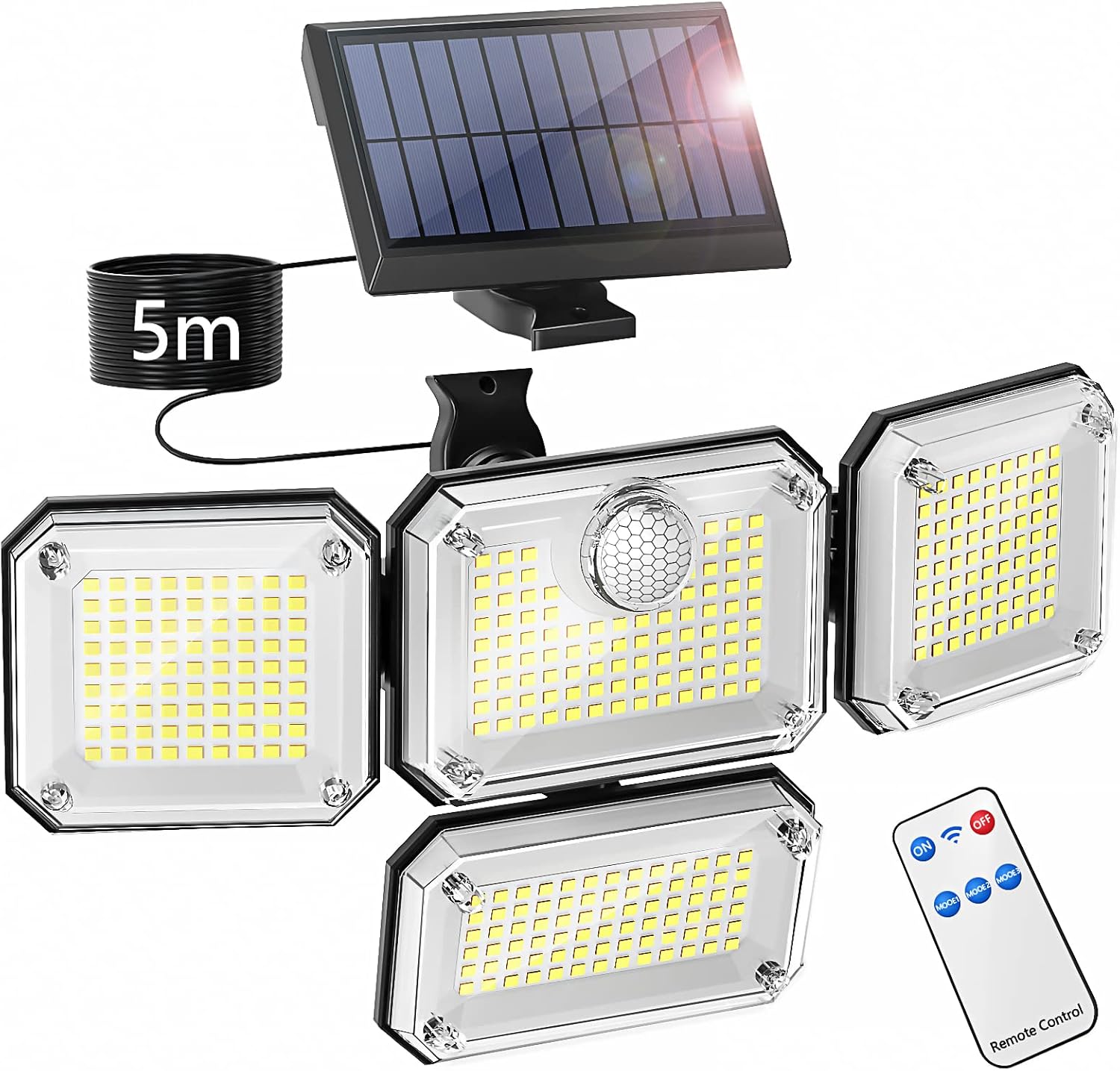 Luce Solare Per Esterni, Luce Solare Per Esterni Con Sensore Di Movimento, Proiettore Di Sicurezza A Led Impermeabile Ip65, 3 Modalità Di Illuminazione Con 4 Teste Regolabili