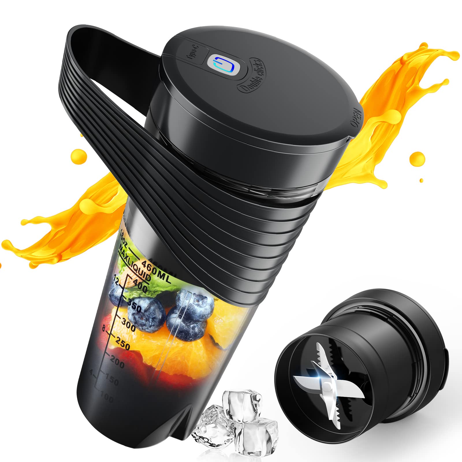 Frullatore Portatile, Frullatore Per Frappè E Smoothie, Frullatore Personale Ricaricabile Di Tipo C Da 16 Once, Mini Frullatore Con Quattro Lame Ultra Affilate, Bottiglia Per Frullatore Versatile E Se