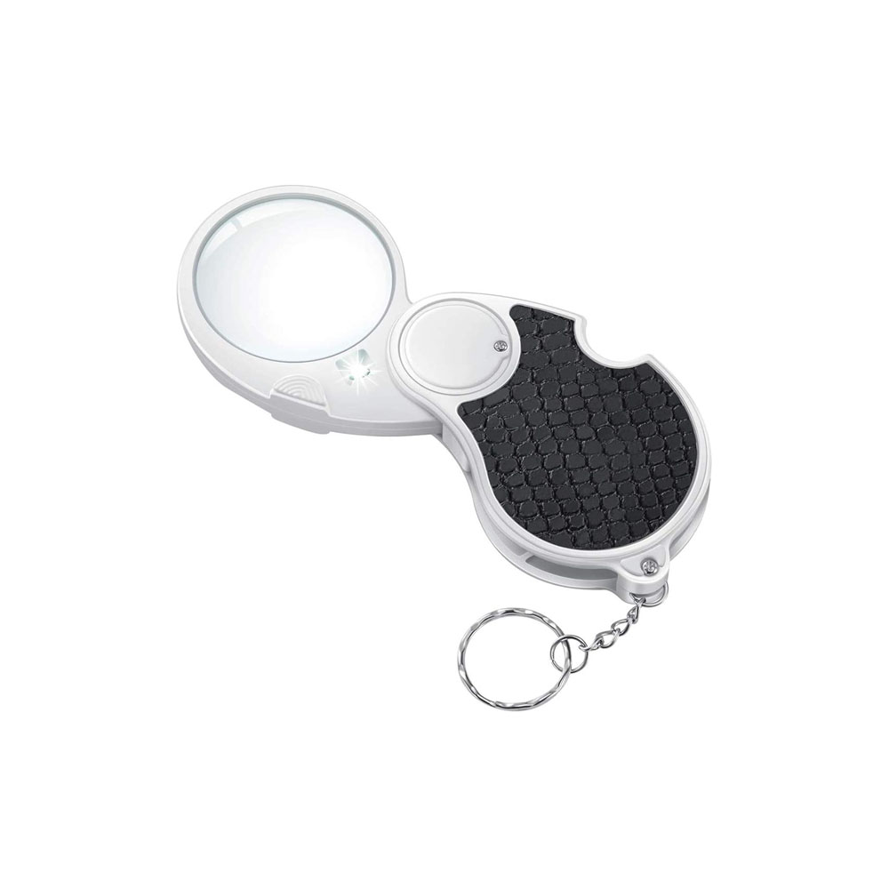 Loupe de poche pliable 5x avec éclairage LED, anneau porte-clés, piles CR1620 incluses