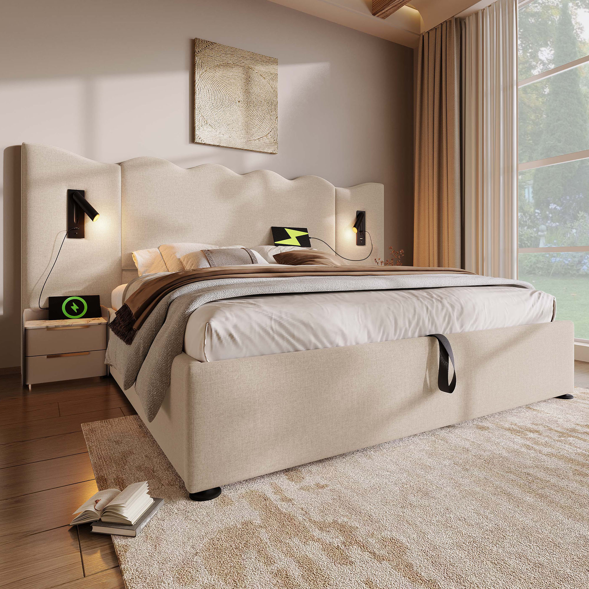 Gutent - Lit Double Capitonné 180 X 200 Avec Liseuse Et Chargeur Usb
