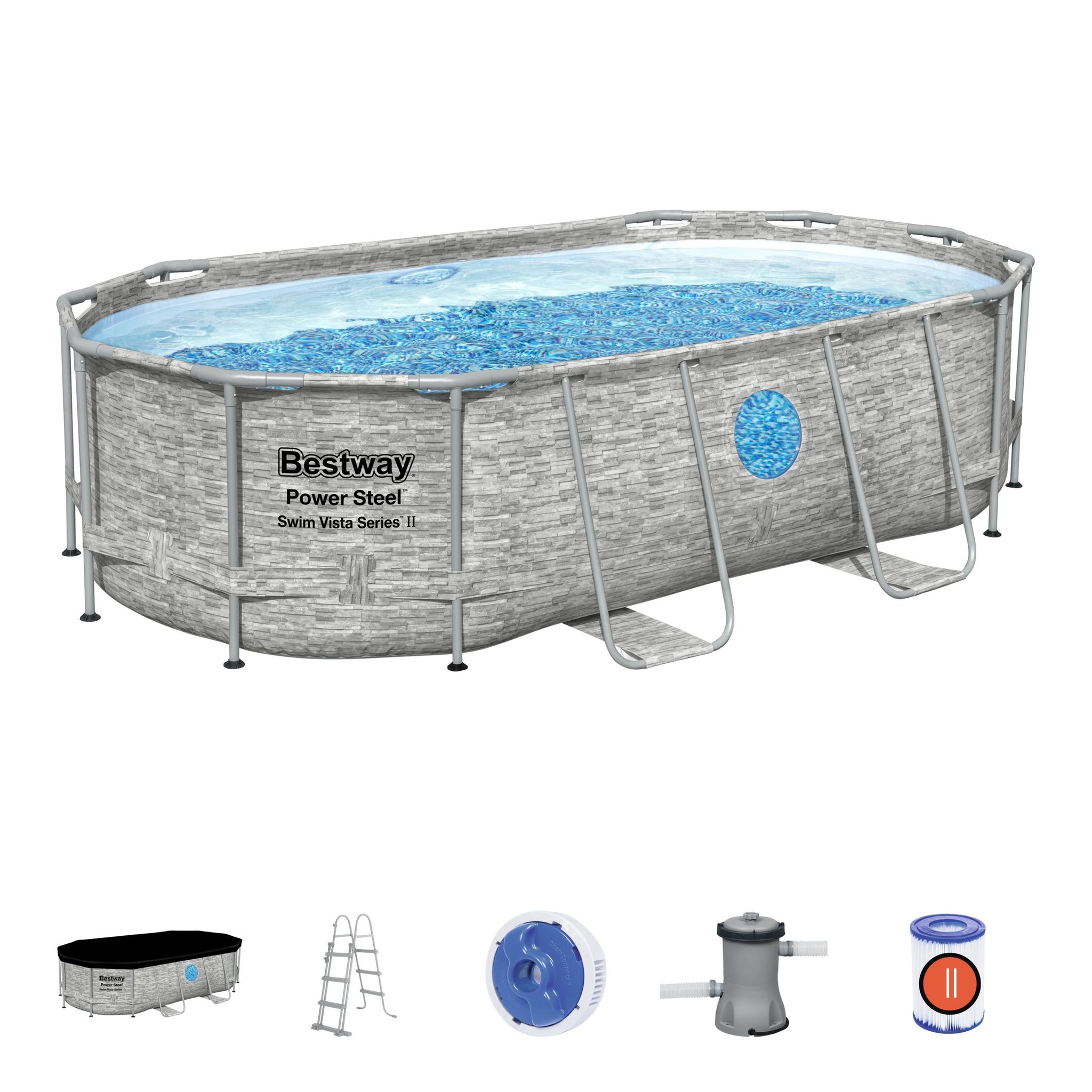 56714 Piscine Hors Sol Ovale Power Steel avec Hublot Swim Vista 427x250x100cm Pompe Filtre a' Cartouche - Bestway
