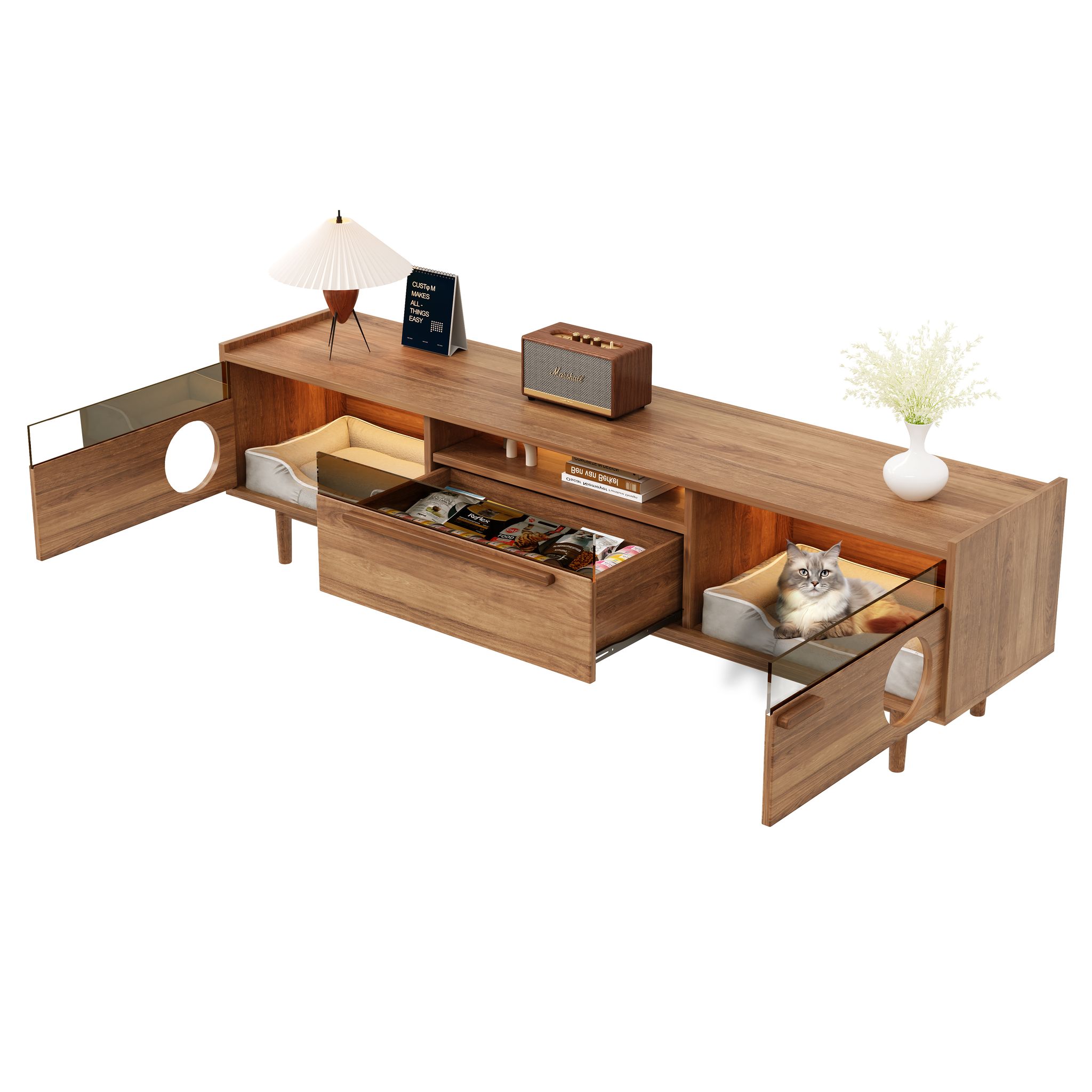 Stilvora Tv Lowboard Mit 2 Türen, 1 Schublade Und Led, Katzenraum, Vintage Stil Für Wohnzimmer, Aus Mdf, 180 × 40 × 50 Cm, Nussbaum