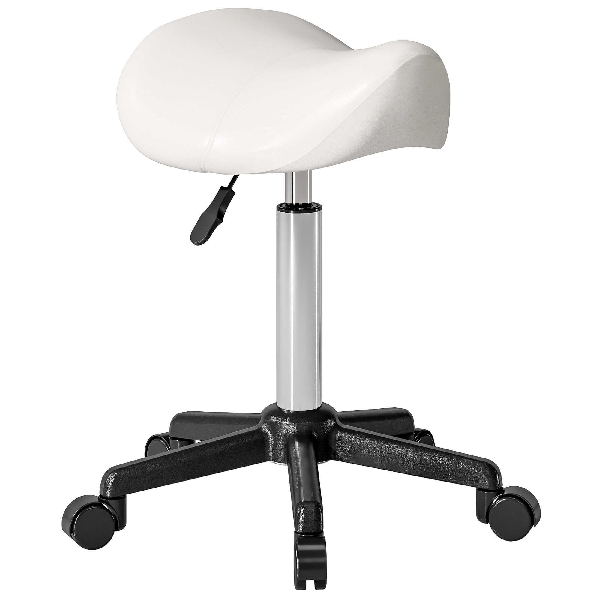 Tabouret à roulettes réglable en hauteur 45-57 cm, assise ergonomique en polyuréthane, blanc