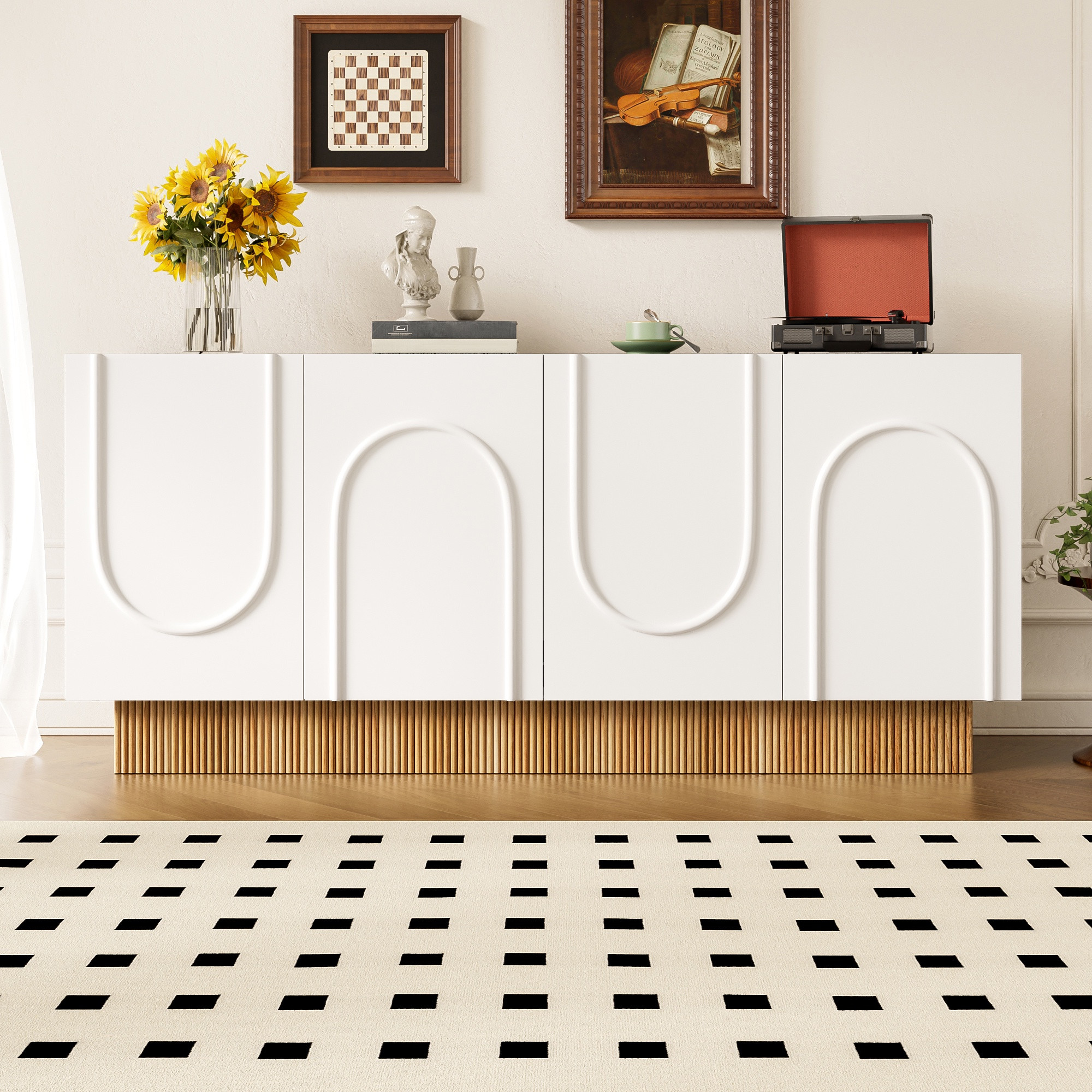 Buffet Enfilade 160 Cm Blanc Et Bois - Bahut De Salon Moderne Avec 4
