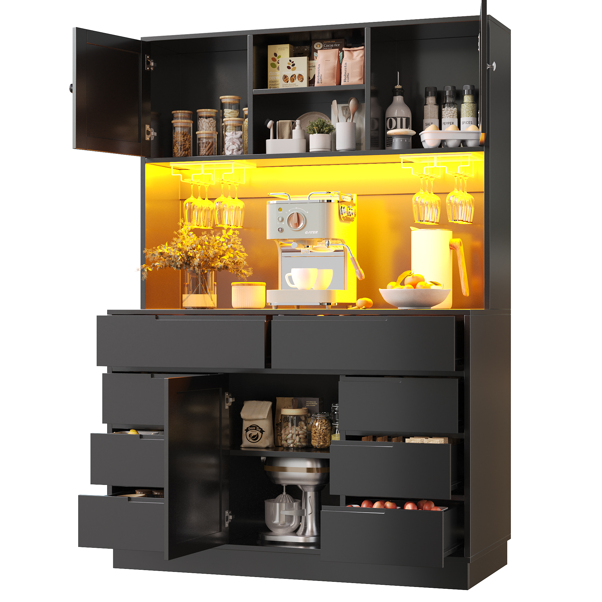 Stilvora Küchenhochschrank Mit 8 Schubladen Und Verstellbaren Einlegeböden, Led, Usb Und Magnetverschluss, Mdf, 120 X 40 X 183, 5 Cm, Schwarz