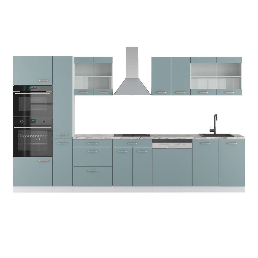 Vicco - Cuisine R-Line, Bleu-gris/blanc, 350 cm avec armoire haute, pt Marbre