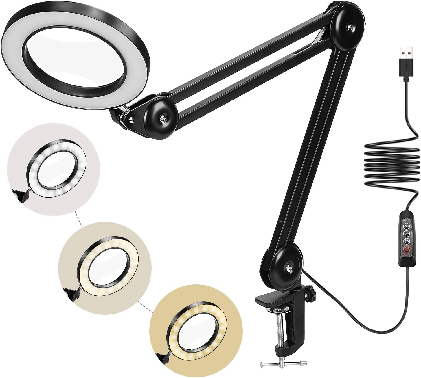 Lampe loupe de bureau à 72 LED, lumière du jour x5, pince métallique, 3 modes de couleur et intensité réglable