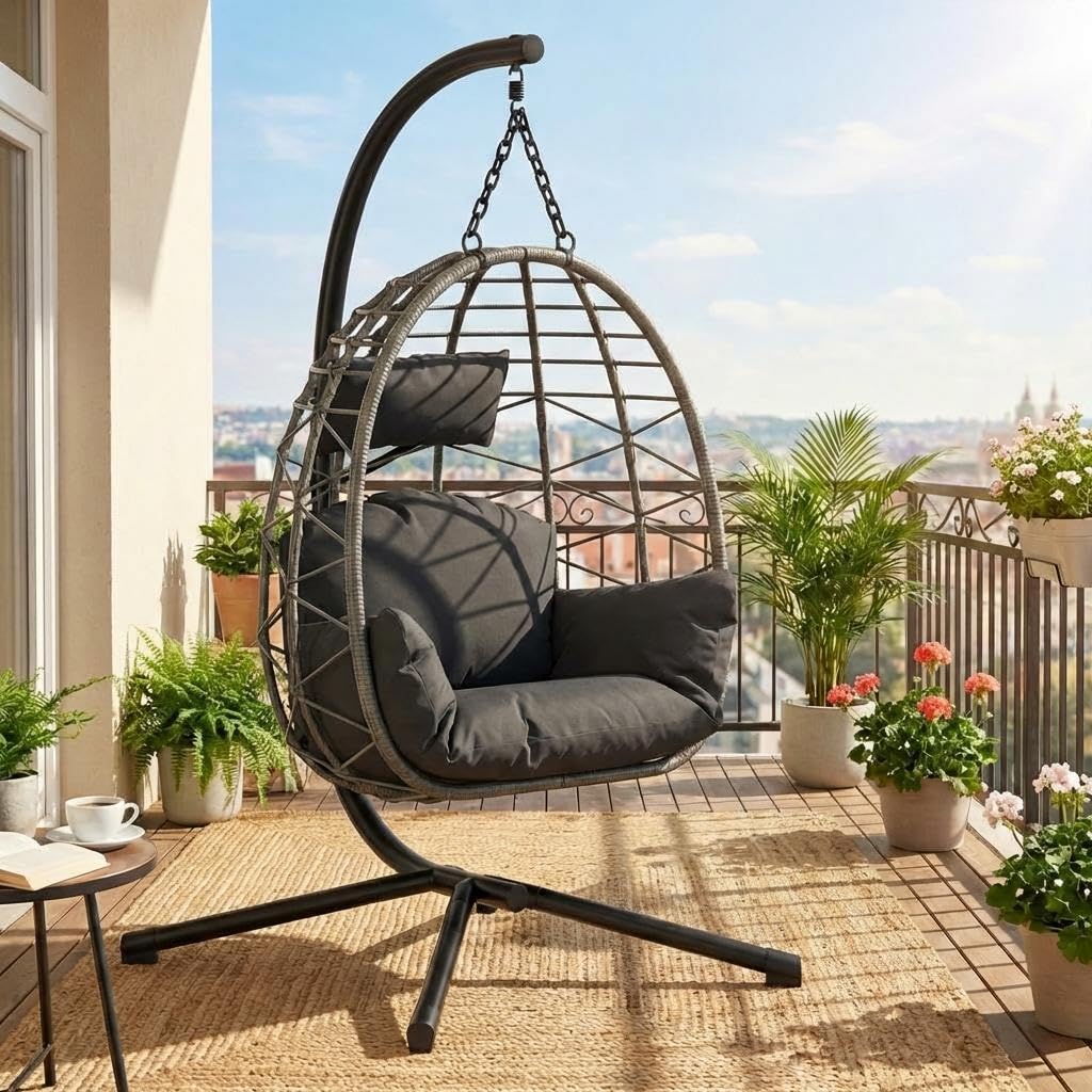 Fauteuil Suspendu Exterieur/interieur – Rotin Noir Gris – Résiste Aux
