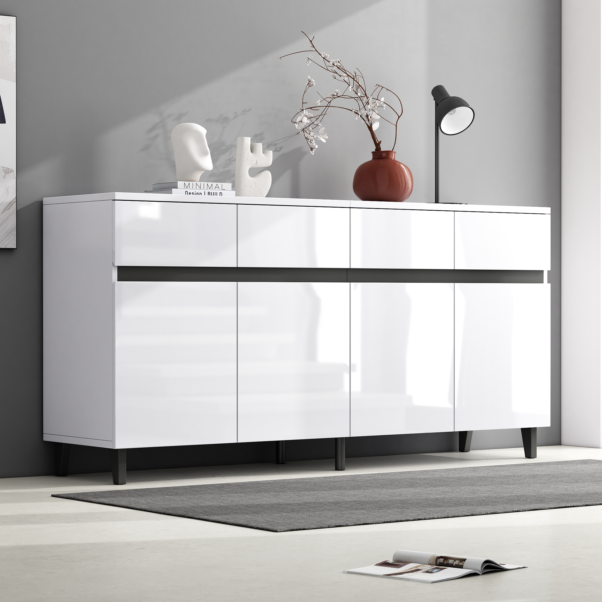 Buffet Laqué Brillant 4 Tiroirs 2 Portes Étagères Réglables Meuble Bas
