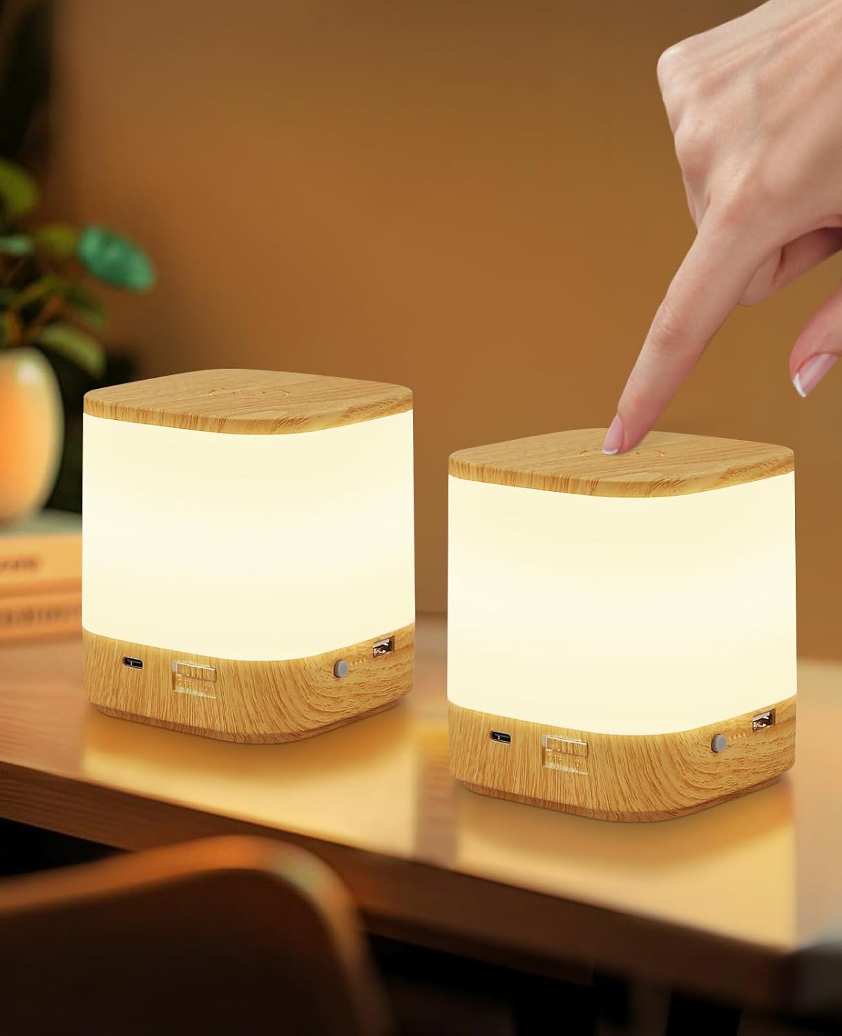 Lampe De Chevet Led En Bois Tactile À Intensité Variable (lot De 2) : Lampe De Table À Batterie 1800 Mah, Rechargeable Par Usb, Sans Fil, Avec 3 Températures De Couleur Et Minuterie - Gbly