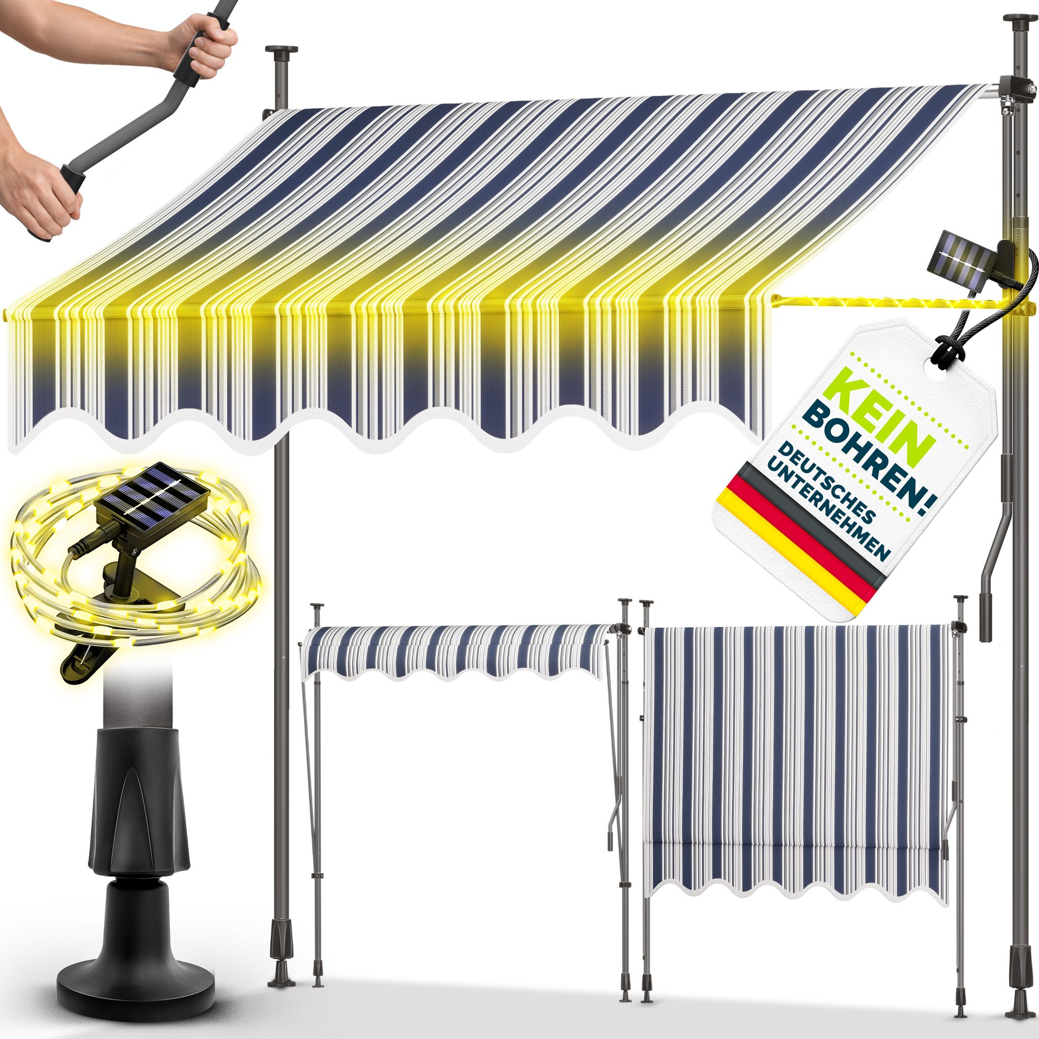 Tillvex Klemmmarkise 300 Cm Blau/grau Mit Solar Led Mit Handkurbel Balkon Balkonmarkise Ohne Bohren Markise Uv-beständig & Höhenverstellbar