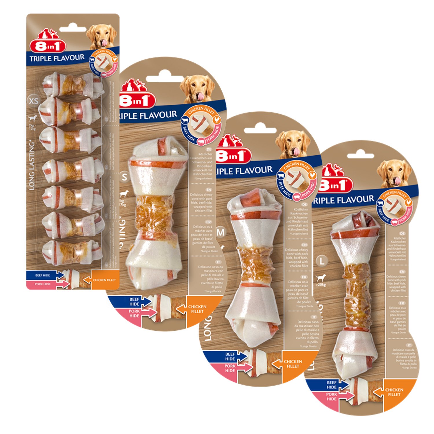 8in1 Triple Flavour Osso Xs, Per I Cani Di Taglia Toy, Gusto Manzo E Maiale & Filetto Di Pollo, 7pz.