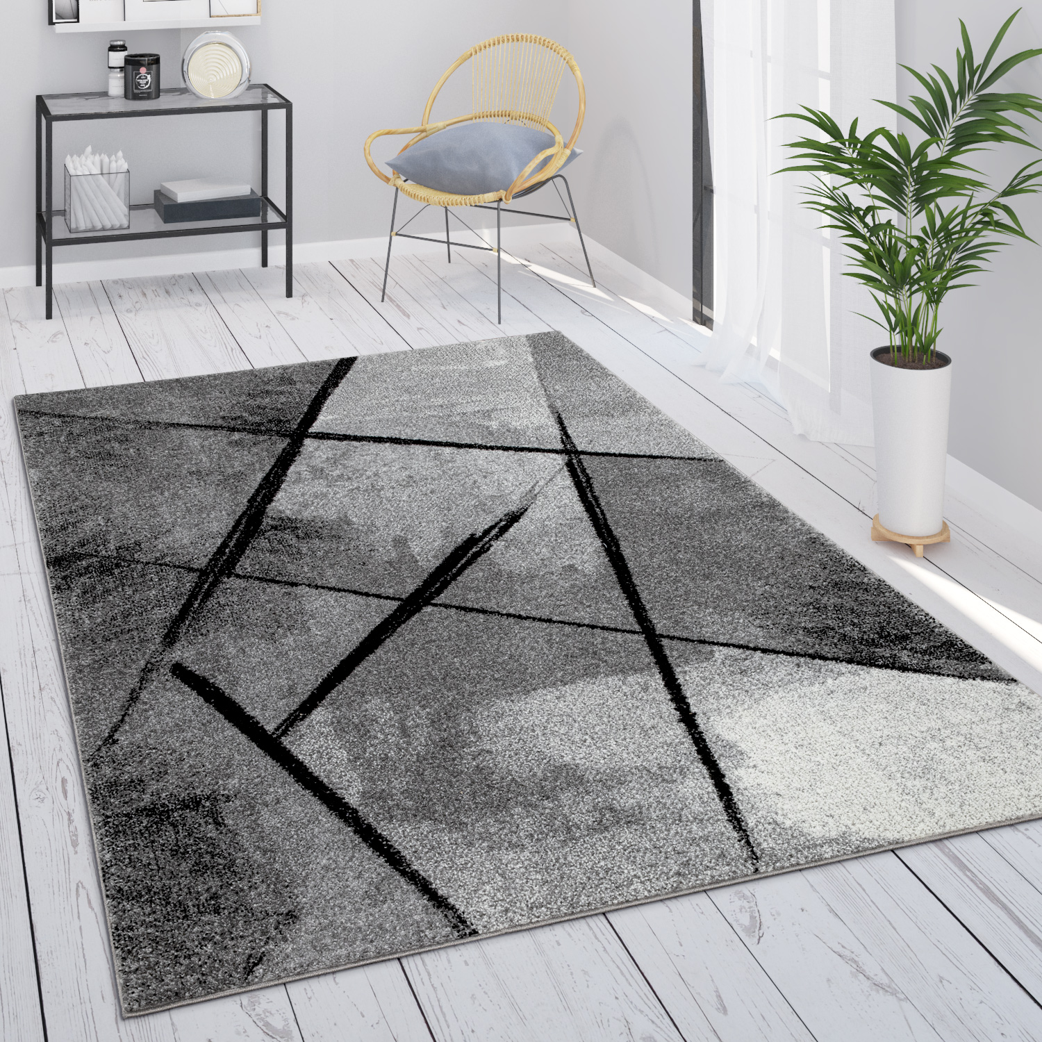 Teppich Grau Wohnzimmer Vintage Kurzflor Geometrisch Abstraktes Muster 240x340 Cm, Grau 2 - Paco Home