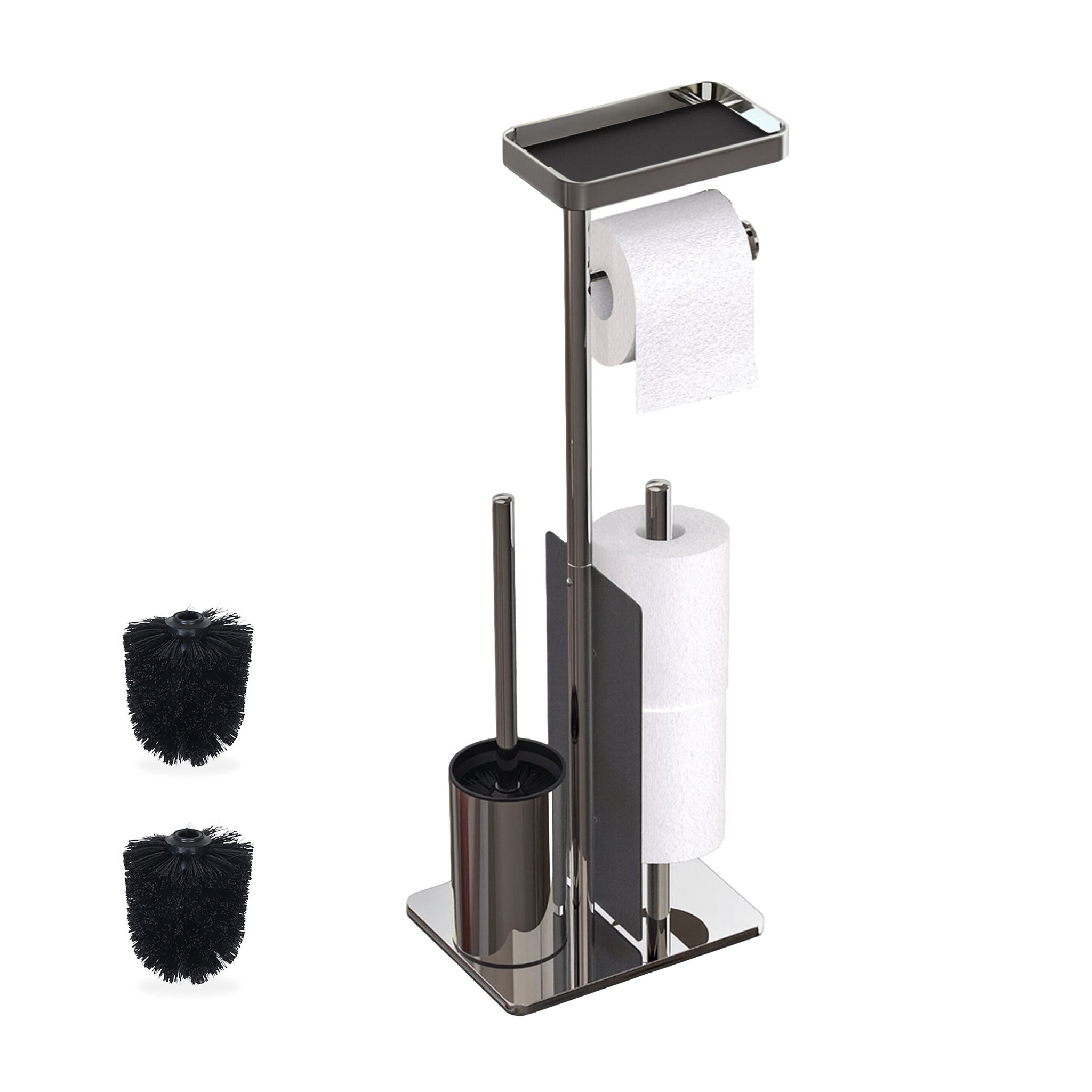 Relaxdays Toilet Set, Stainless Steel, Shelf & Roll Holder, Freestanding, Hwd, 75x22x20 Cm, Toilet Caddy, Silver/black