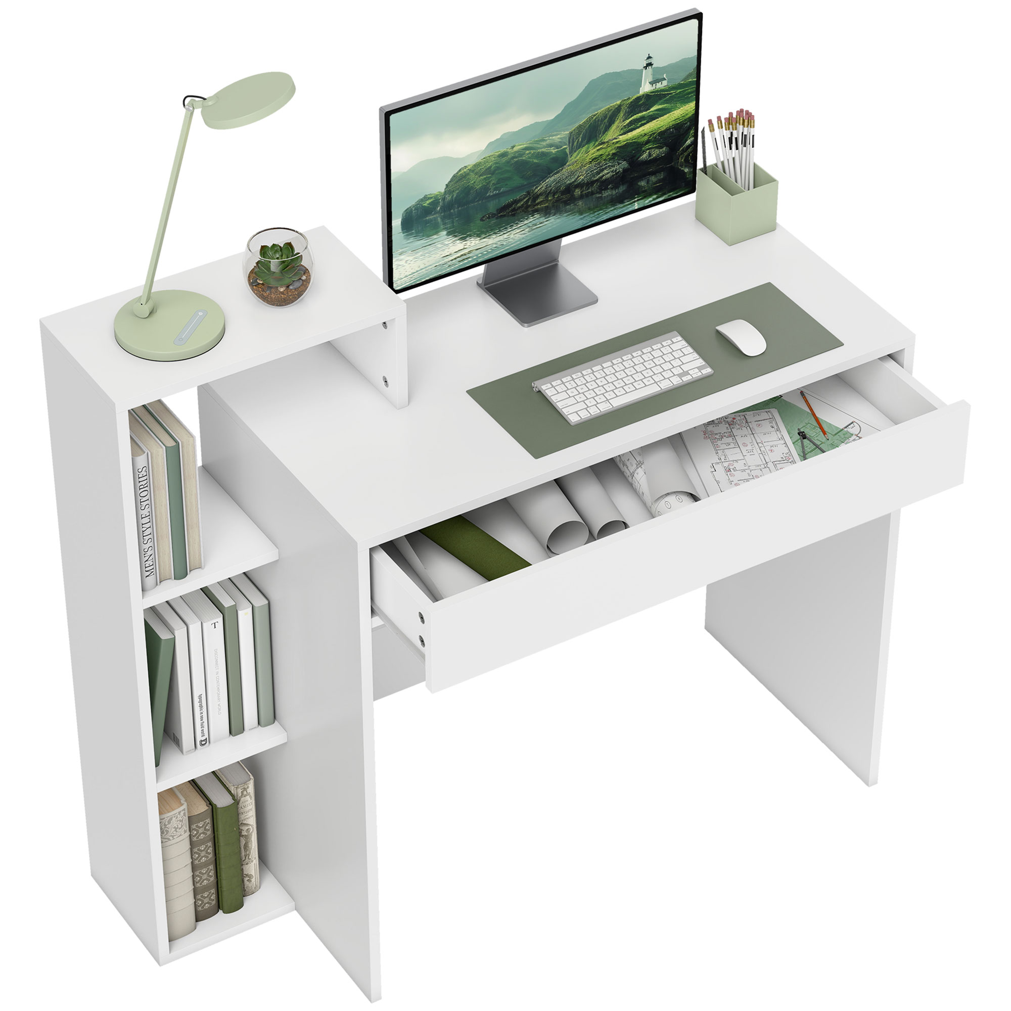 Bureau Pc Moderne 3 Étagères Ouvertes 1 Tiroir Bois Blanc 100x40x90 Cm