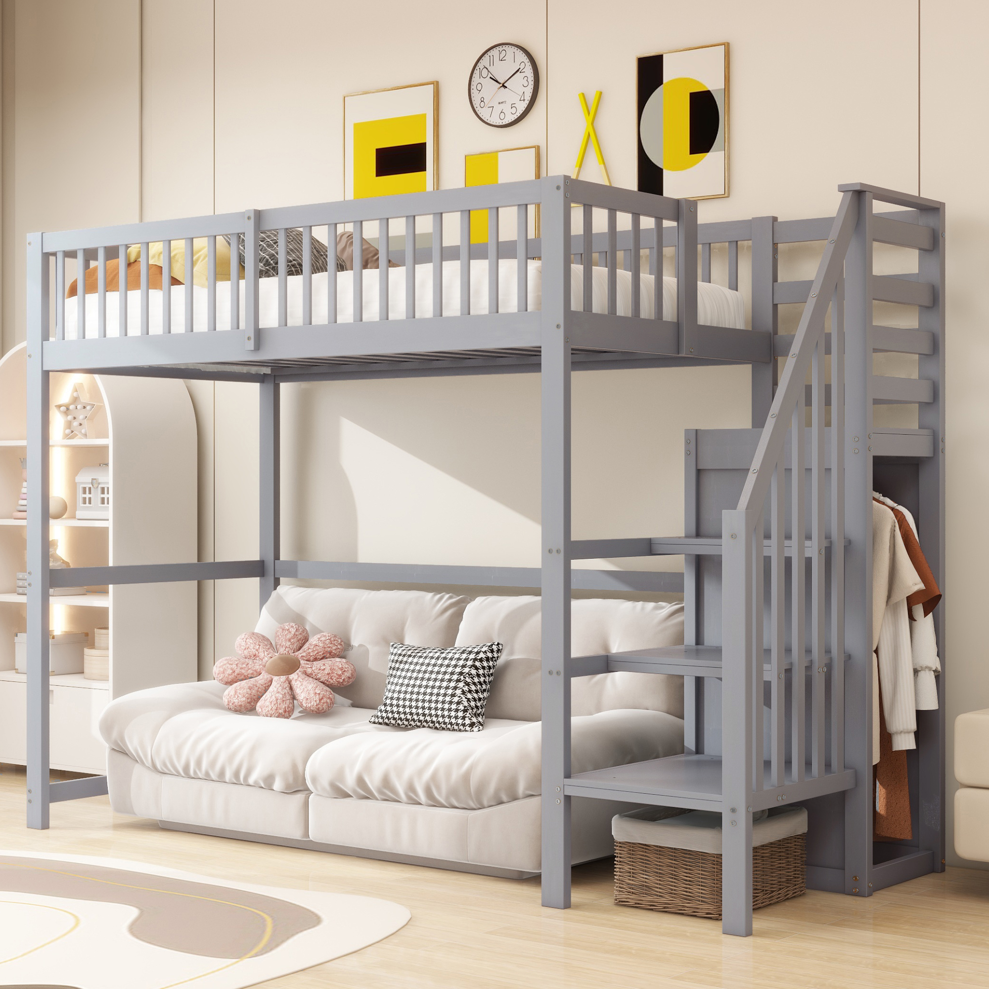 Stilvora Hochbett 90 X 200 Cm Mit Treppe, Kleiderschrank Und Stauraum, Ohne Matratze, Aus Holz, Grau
