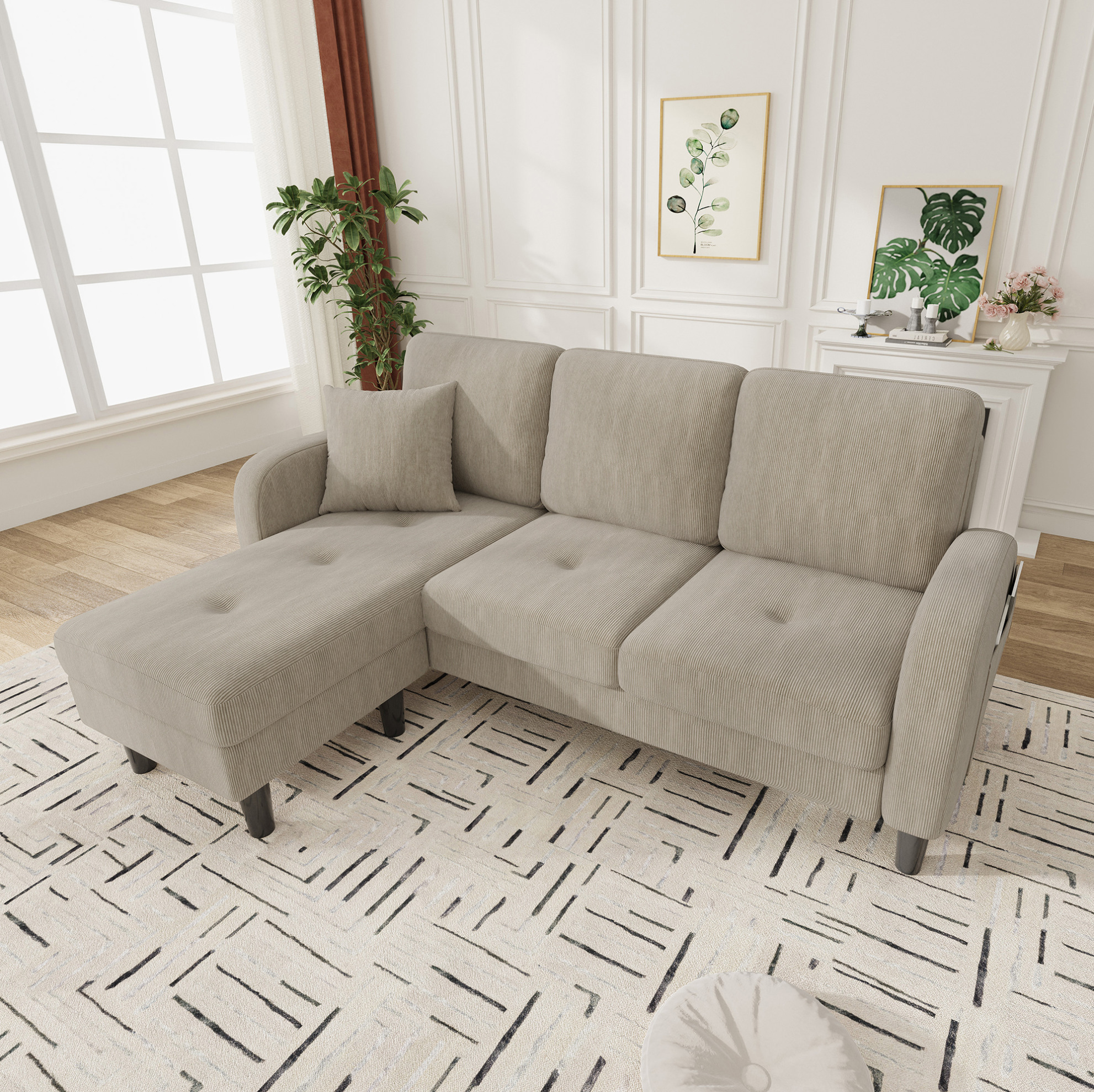 Okwish Ecksofa 3-sitzer Mit Liegefläche, Kunststofffüßen, In Seil, Hellgrau, 166x118x77 Cm