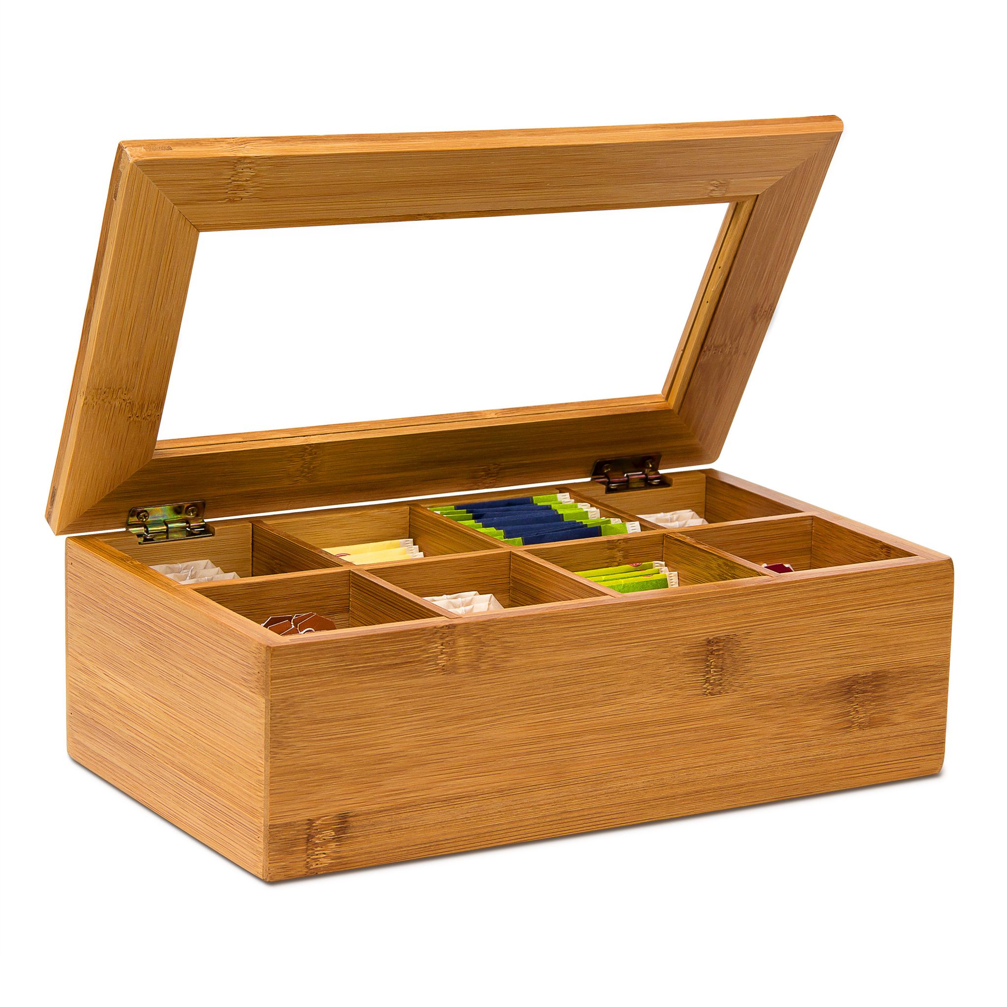 Relaxdays Braun Teebox Mit 8 Fächern, Bambus, Teebeutel Aufbewahrung, Teekiste Mit Sichtfenster, Hbt: 9 X 28 X 16 Cm, Natur