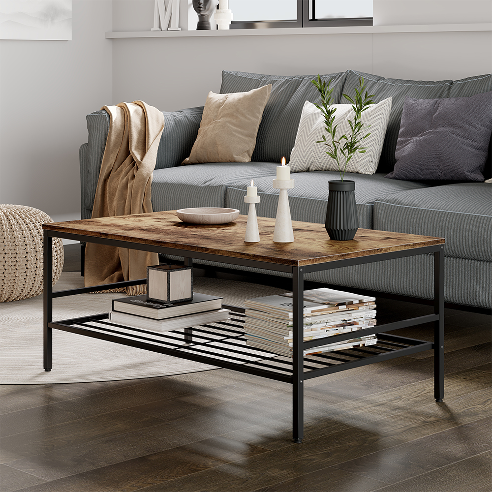 Vicco - Table Basse Fyrk, Chêne Doré/noir, 106x60cm Avec Tablette