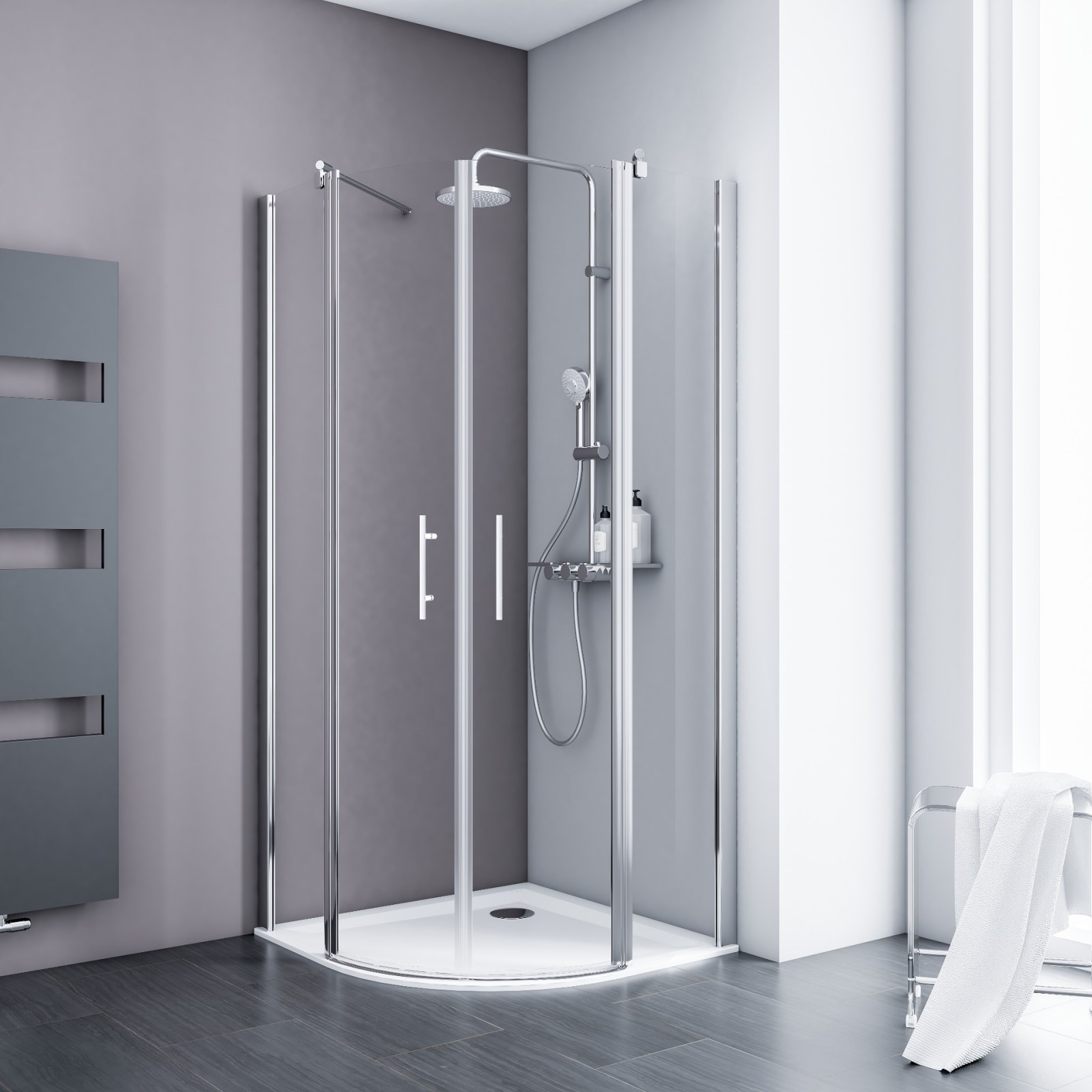 Duschkabine Alexa Style 2.0 Runddusche 90 X 90 Cm - Set Mit Flacher Duschwanne, Radius 55 Cm, 5 Mm Esg Sicherheitsglas Klar Mit Fixil-beschichtung, Profil Alu-natur, Höhe 192 Cm - Schulte