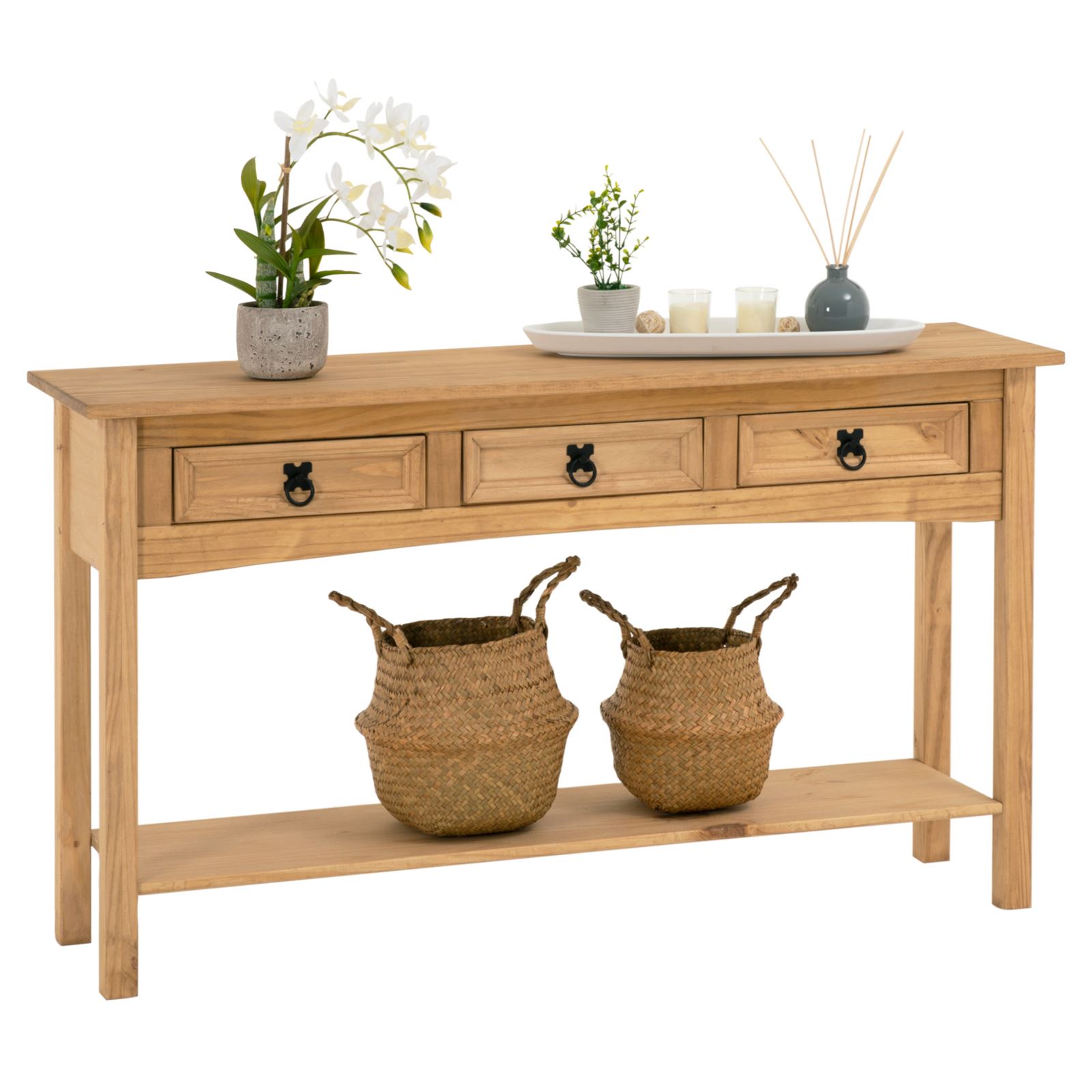 Table Console En Pin Massif – Style Mexicain Naturel – 3 Tiroirs De