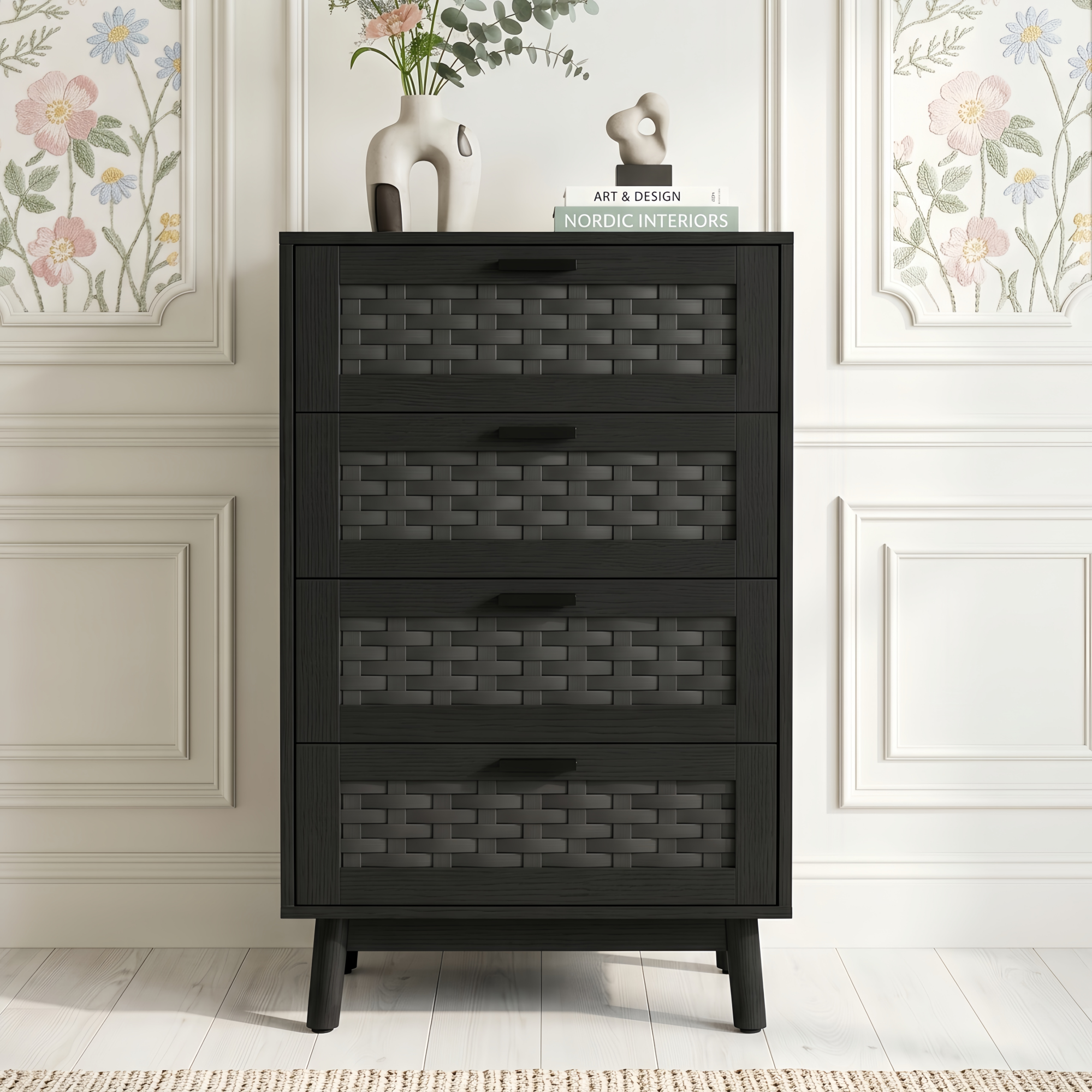 Commode Bois 95 Cm Avec Cannage En Rotin - Commode Chambre 4 Tiroirs Et Poignées Noires - Campagnard, Pour Salon/chambre - Noir