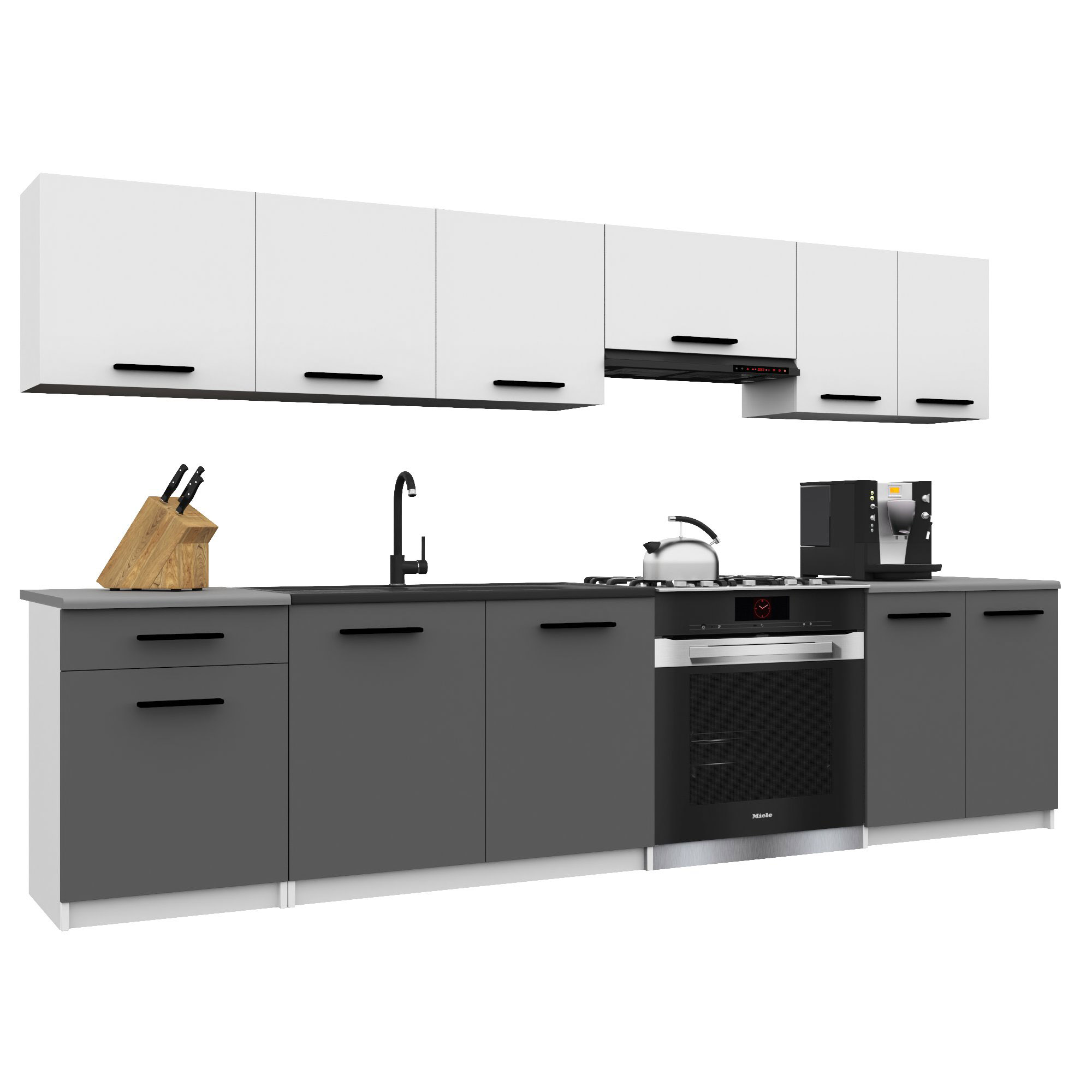 Belini Italia 2 Cuisine Equipée Modulaire Complète - 240 Cm. Meubles Hauts Bas Avec Plan De Travail, Blanc Mat/gris
