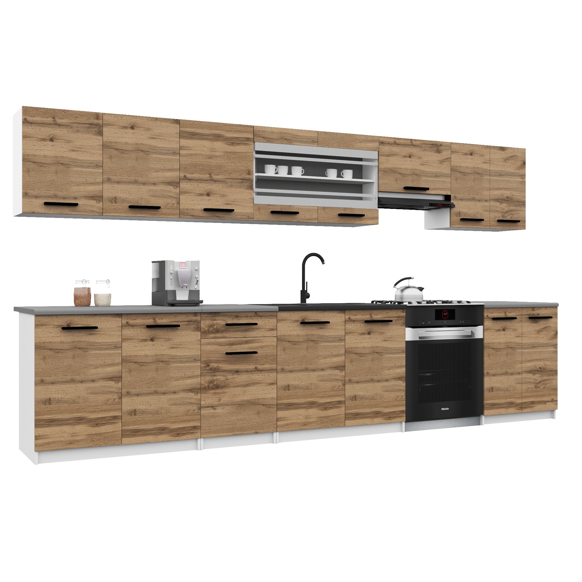 Belini Italia 3 Cuisine Equipée Modulaire Complète - 320 Cm. Meubles Hauts Bas Avec Plan De Travail, Brun Doré