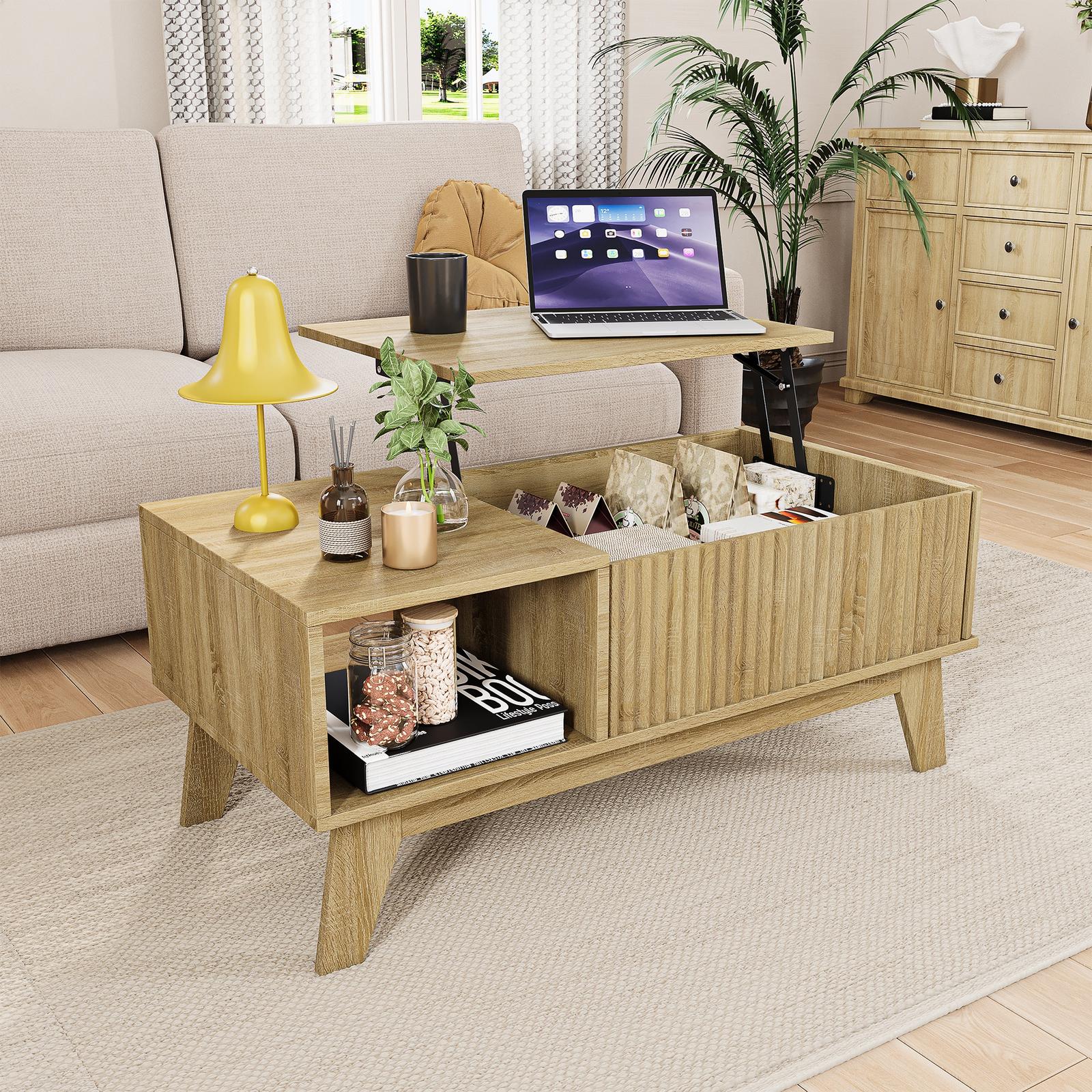 Table Basse Relevable 95x48 Cm Avec Coffre Rangement, Plateau Escamotable, Table De Salon Bois Naturel Décor Vagues, Style Scandinave Bohème
