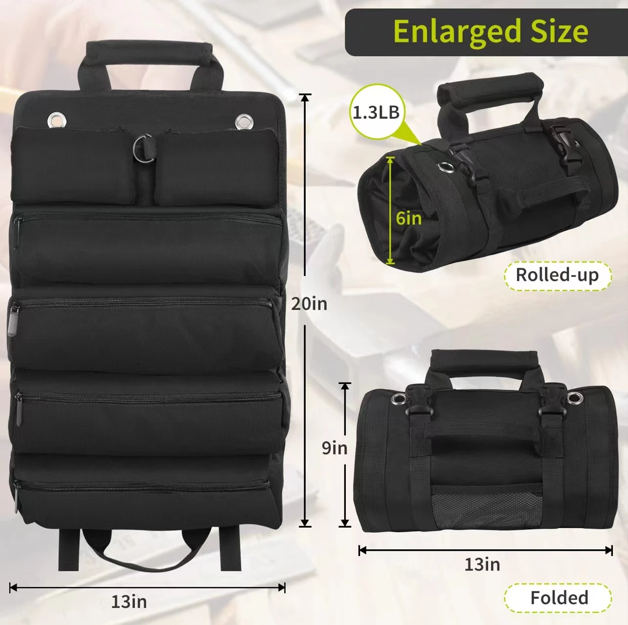 Sac à outils à roulettes en toile Oxford, 6 poches, 50 x 32 cm, vert foncé