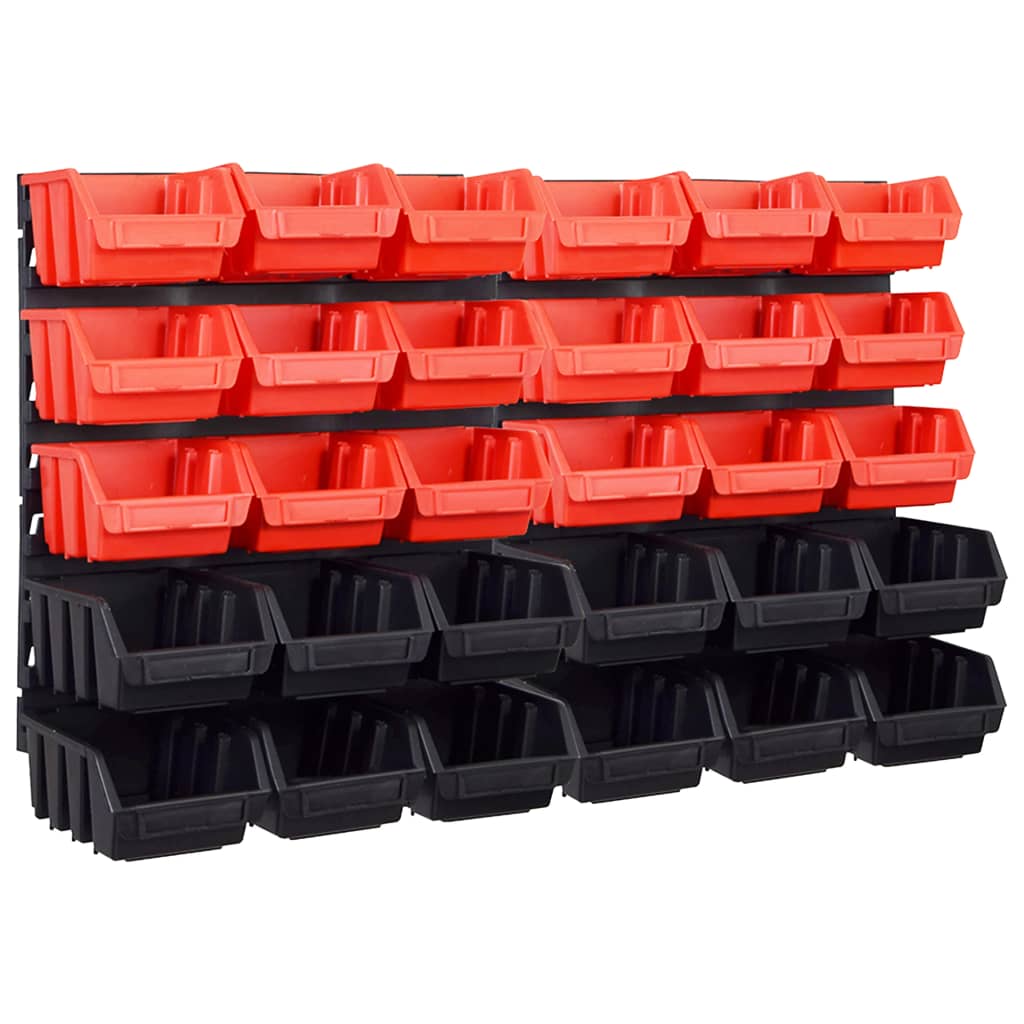 Kit de rangement mural 32 pièces, 2 panneaux perforés et 30 bacs empilables amovibles en plastique, noir et rouge