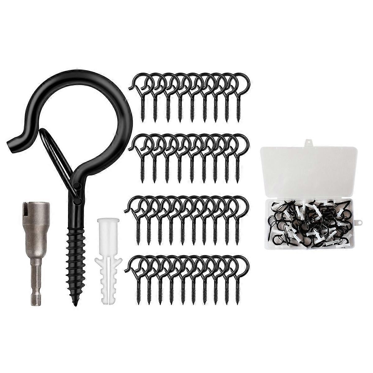 Crochets à visser noirs avec loquet, métal résistant à la rouille, lot de 50