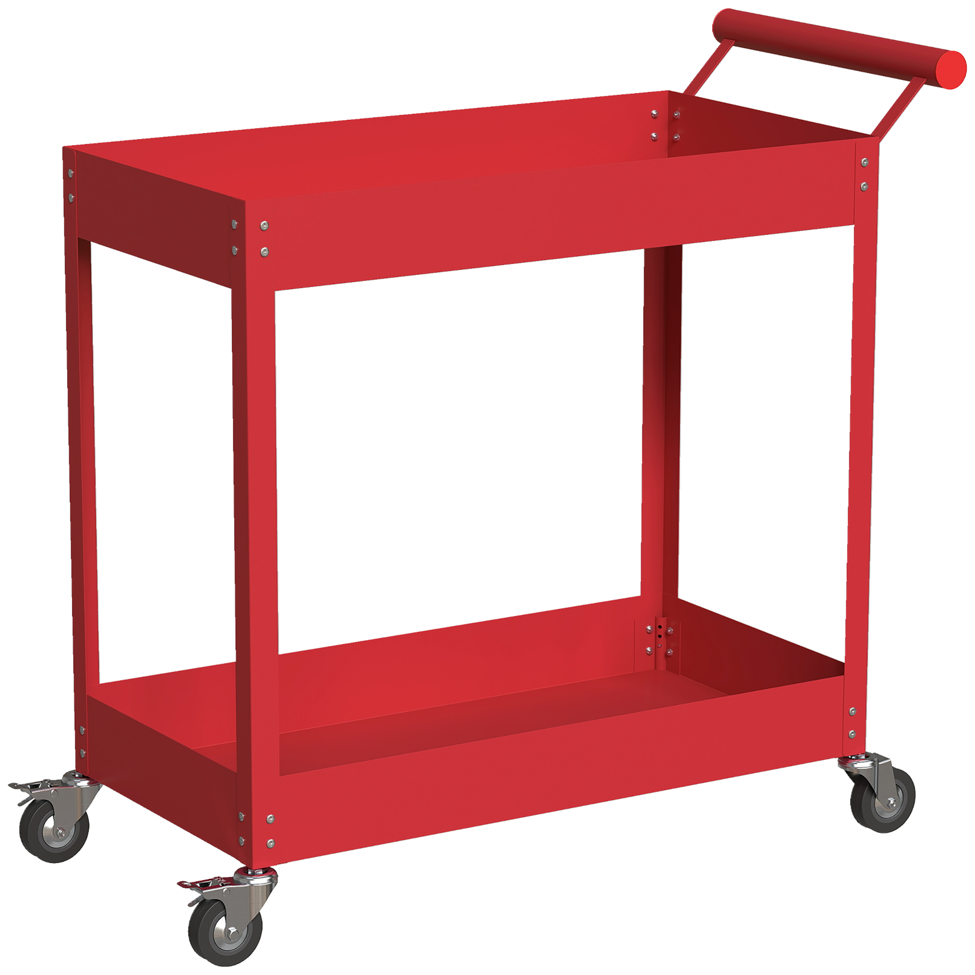Chariot d'atelier 2 niveaux en acier, charge 150 kg, 4 roues PU dont 2 freinables, poignée latérale, 84,5x38x84 cm