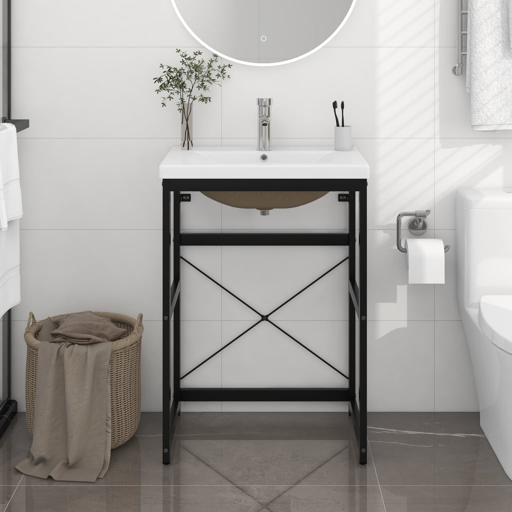 Vidaxl Schwarz Badezimmer-Waschtischgestell Mit Waschbecken Eisen