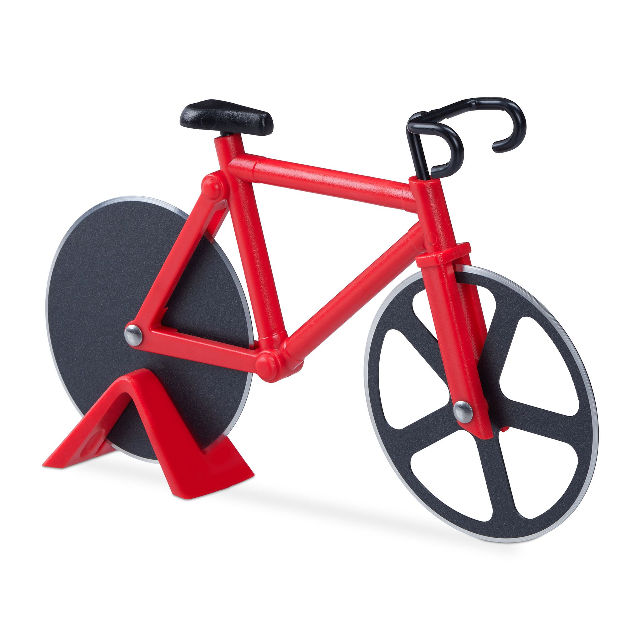Relaxdays Rot Fahrrad Pizzaschneider, Lustiger Pizzaroller Mit Schneiderädern Aus Edelstahl, Cutter Für Pizza & Teig,
