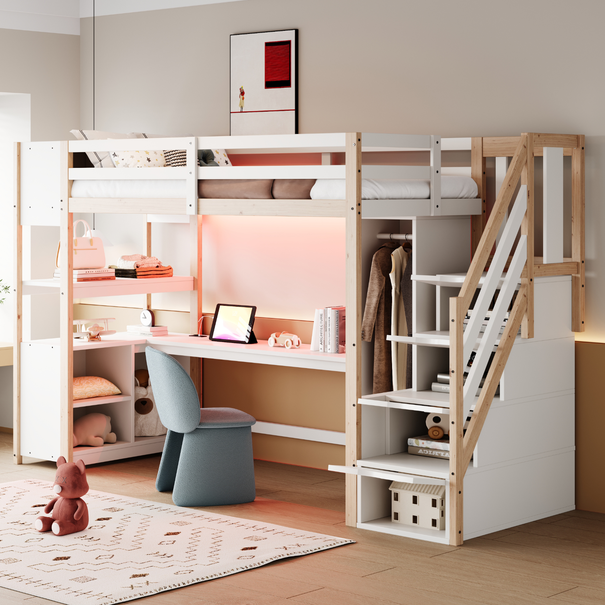 Lit Mezzanine Bois 90x200 Avec Armoire Bureau Escalier Rangement Led