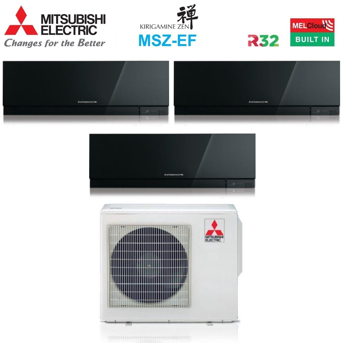 Climatizzatore Condizionatore Mitsubishi Electric Trial Split Inverter Serie Kirigamine Zen Black Msz-ef 9+9+12 Con Mxz-3f54vf R-32 Wi-fi Integrato Colore Nero 9000+9000+12000