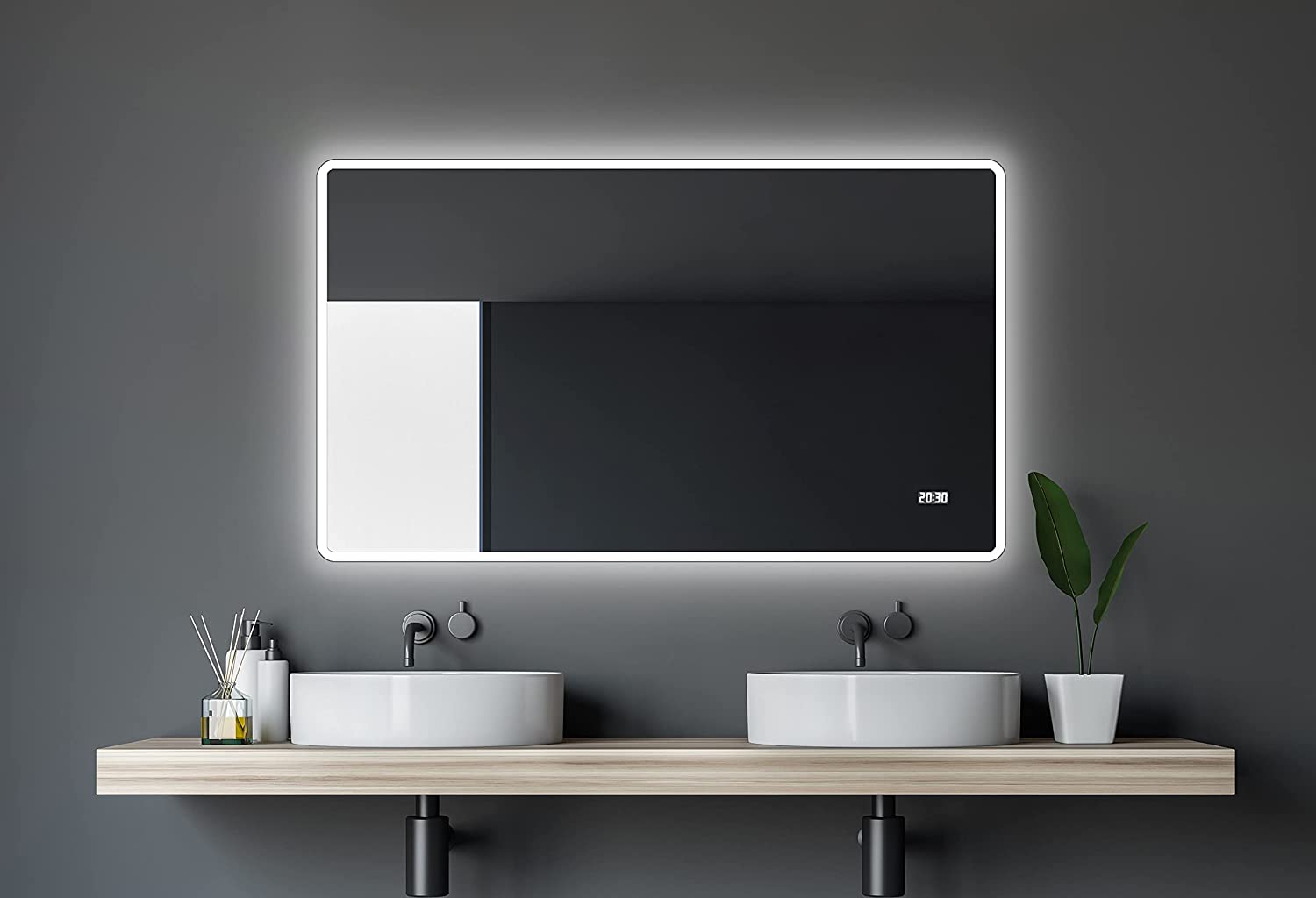 Sun Badspiegel Mit Beleuchtung - Led Badezimmerspiegel 120x70 Cm - Wandspiegel Mit Led Lichtumrahmung - Spiegel Mit Lichtfarbe Neutralweiß - Lichtspiegel Mit Digitaluhr - Talos