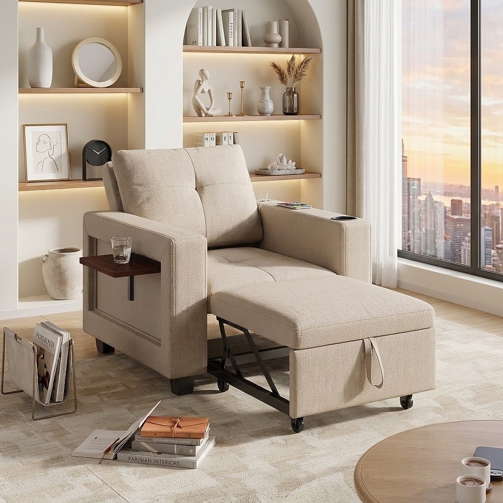 Fauteuil Convertible 1 Place Canapé Lit D'Appoint En Tissu Chenille